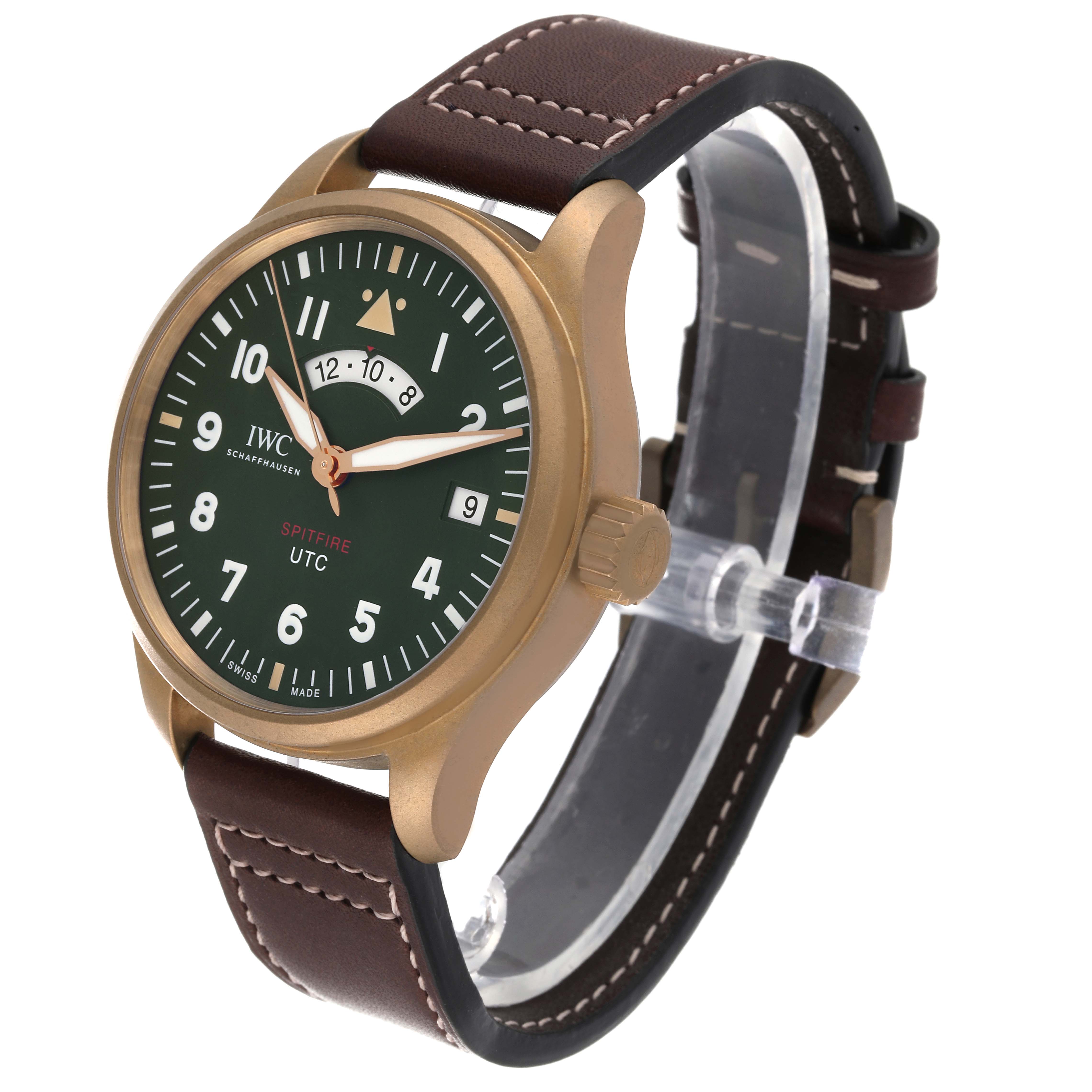 The IWC Pilot IW327101 Men's Bronze Green Dial IW327101 Men's Bronze Green Dial model watch is shown at a three-quarter angle, highlighting the dial, bezel, crown, and leather strap.