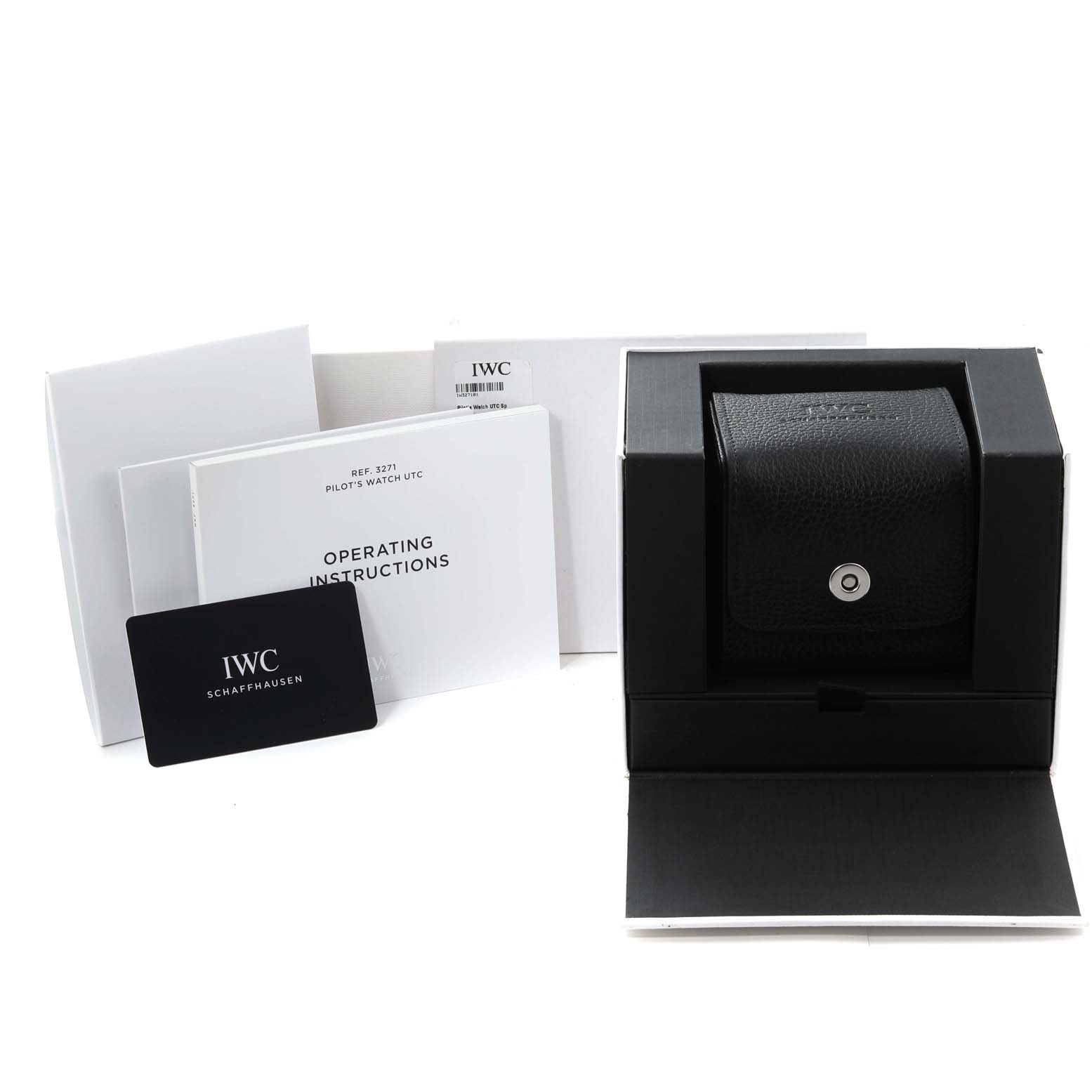 The image shows the packaging, operating instructions, and warranty card for an IWC Pilot IW327101 Men's Bronze Green Dial IW327101 Men's Bronze Green Dial's Watch UTC.