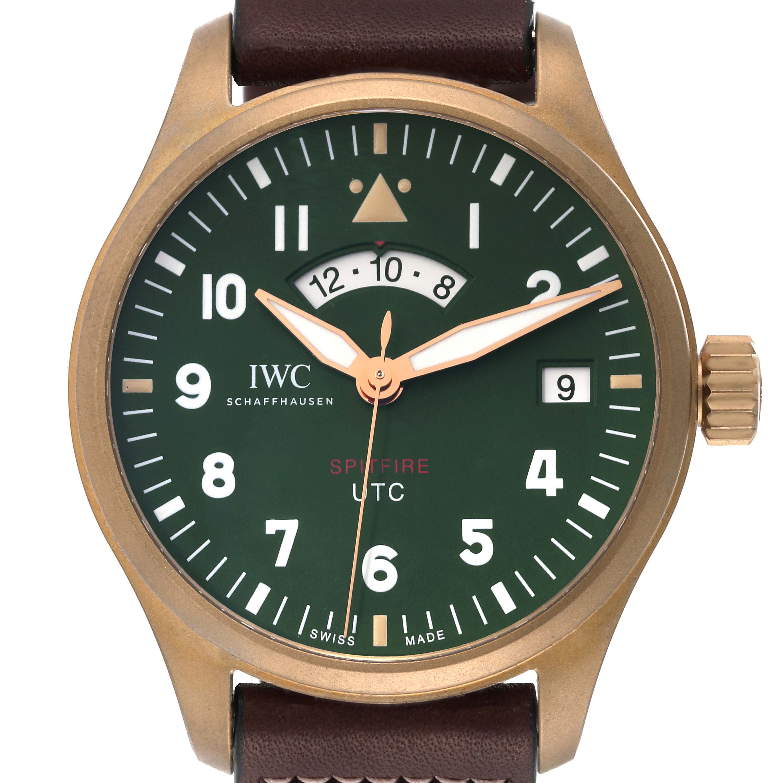 The image shows a frontal view of the IWC Pilot IW327101 Men's Bronze Green Dial IW327101 Men's Bronze Green Dial Spitfire UTC watch with a green dial and brown leather strap.
