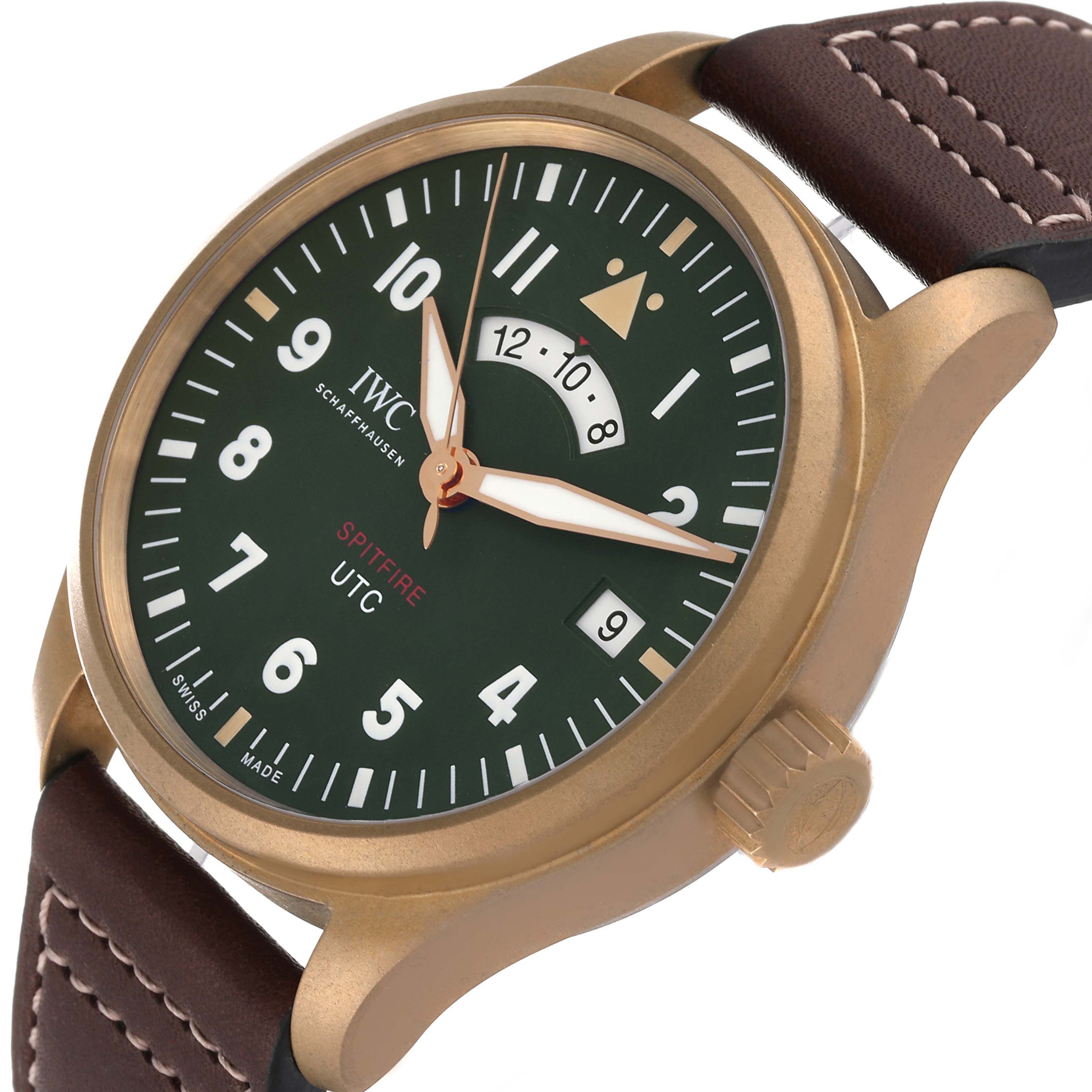 This image shows a Pilot IWC Spitfire UTC watch at a slight angle, highlighting the face, case, crown, and leather strap.