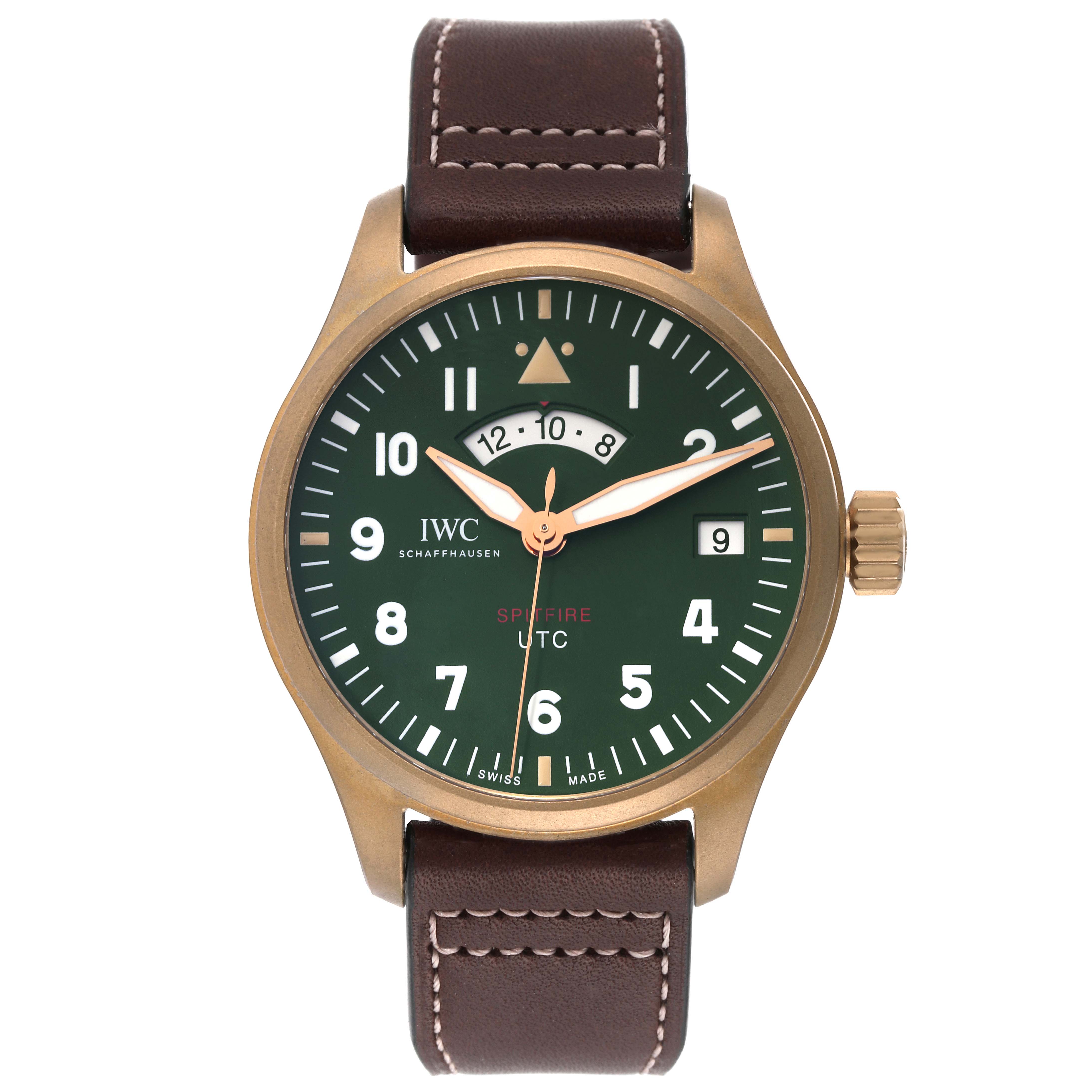 The IWC Pilot IW327101 Men's Bronze Green Dial IW327101 Men's Bronze Green Dial watch is shown from the front, displaying its green dial, numerals, hands, and brown leather strap.