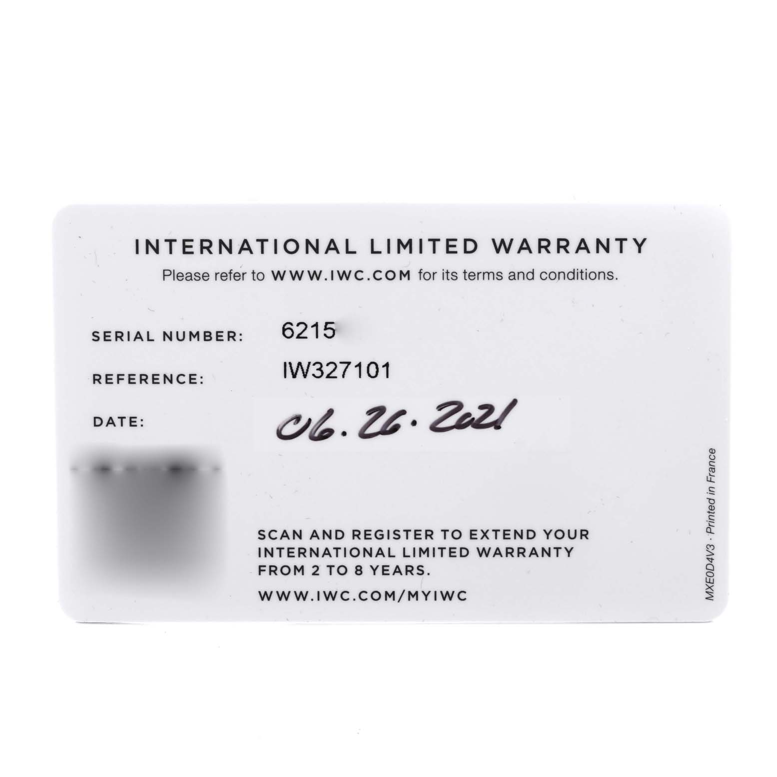 The image shows the front side of an international limited warranty card for an IWC Pilot IW327101 Men's Bronze Green Dial IW327101 Men's Bronze Green Dial model watch, reference IW327101.