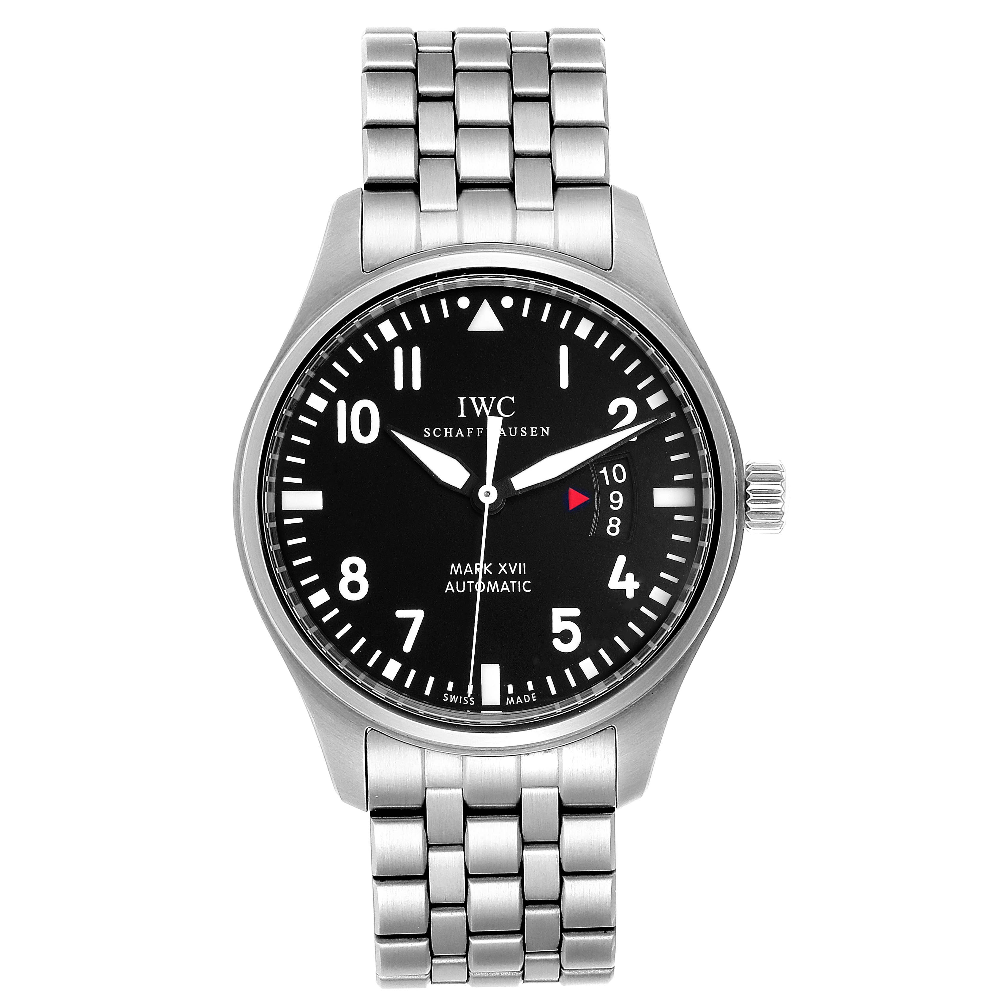 The IWC Pilot IW326504 Men's Stainless Steel Black Dial IW326504 Men's Stainless Steel Black Dial model watch is shown from a top-down angle, highlighting its face, bezel, and metal bracelet.