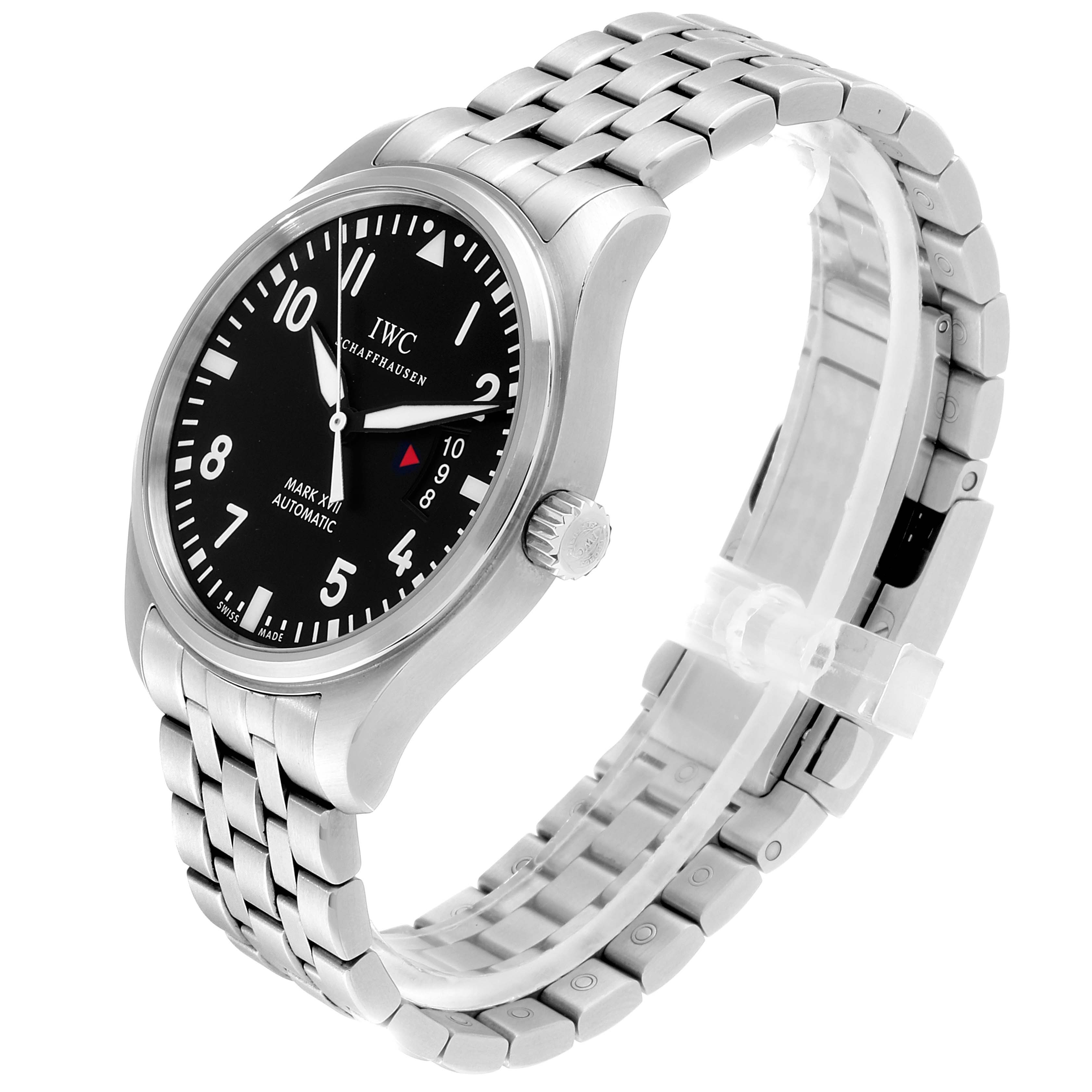 The image shows an IWC Pilot IW326504 Men's Stainless Steel Black Dial IW326504 Men's Stainless Steel Black Dial Mark XVII watch at a slight angle, revealing the face, bezel, crown, and metallic bracelet.