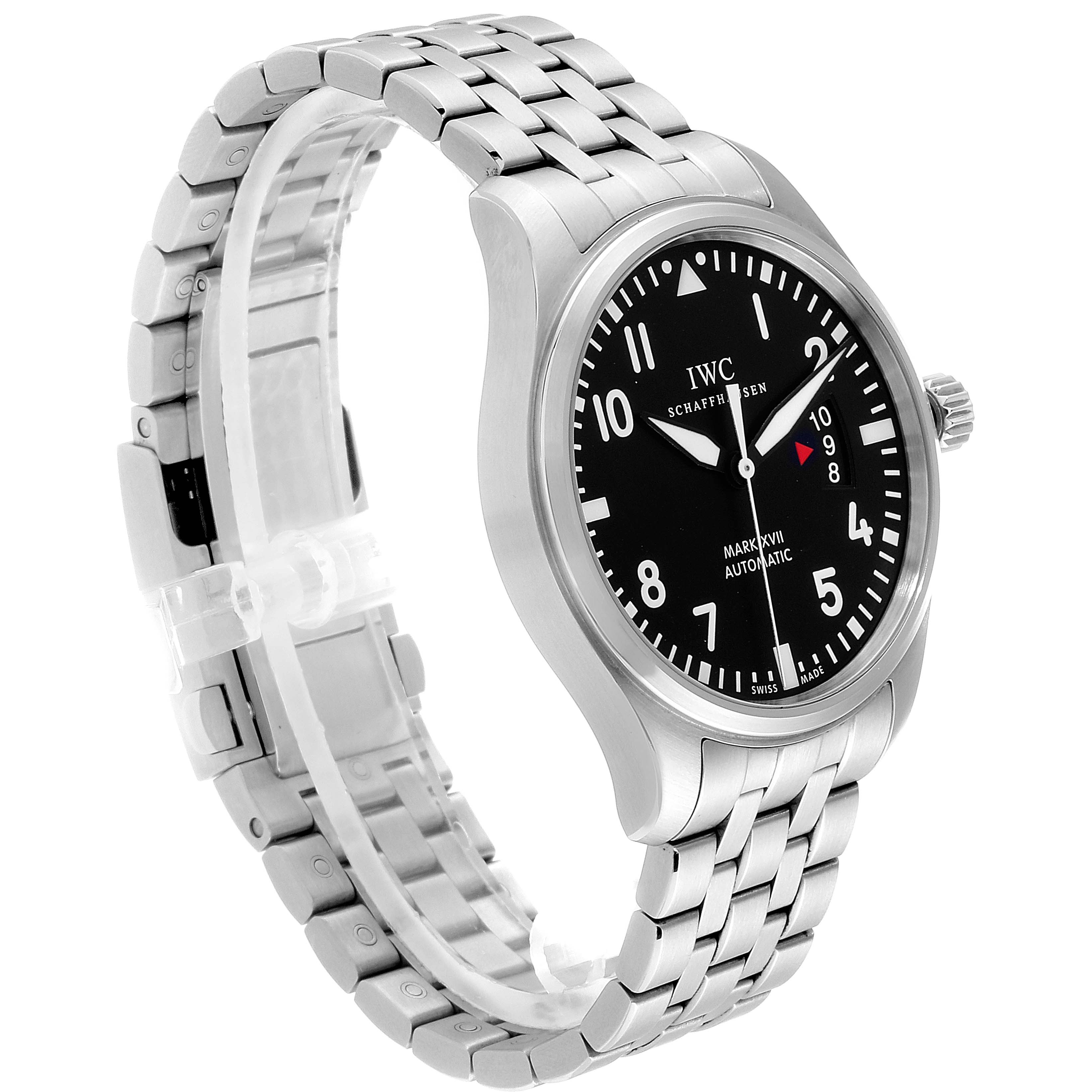 The IWC Pilot IW326504 Men's Stainless Steel Black Dial IW326504 Men's Stainless Steel Black Dial Mark XVII watch is shown at a three-quarter angle, highlighting the black dial, stainless steel case, and bracelet.