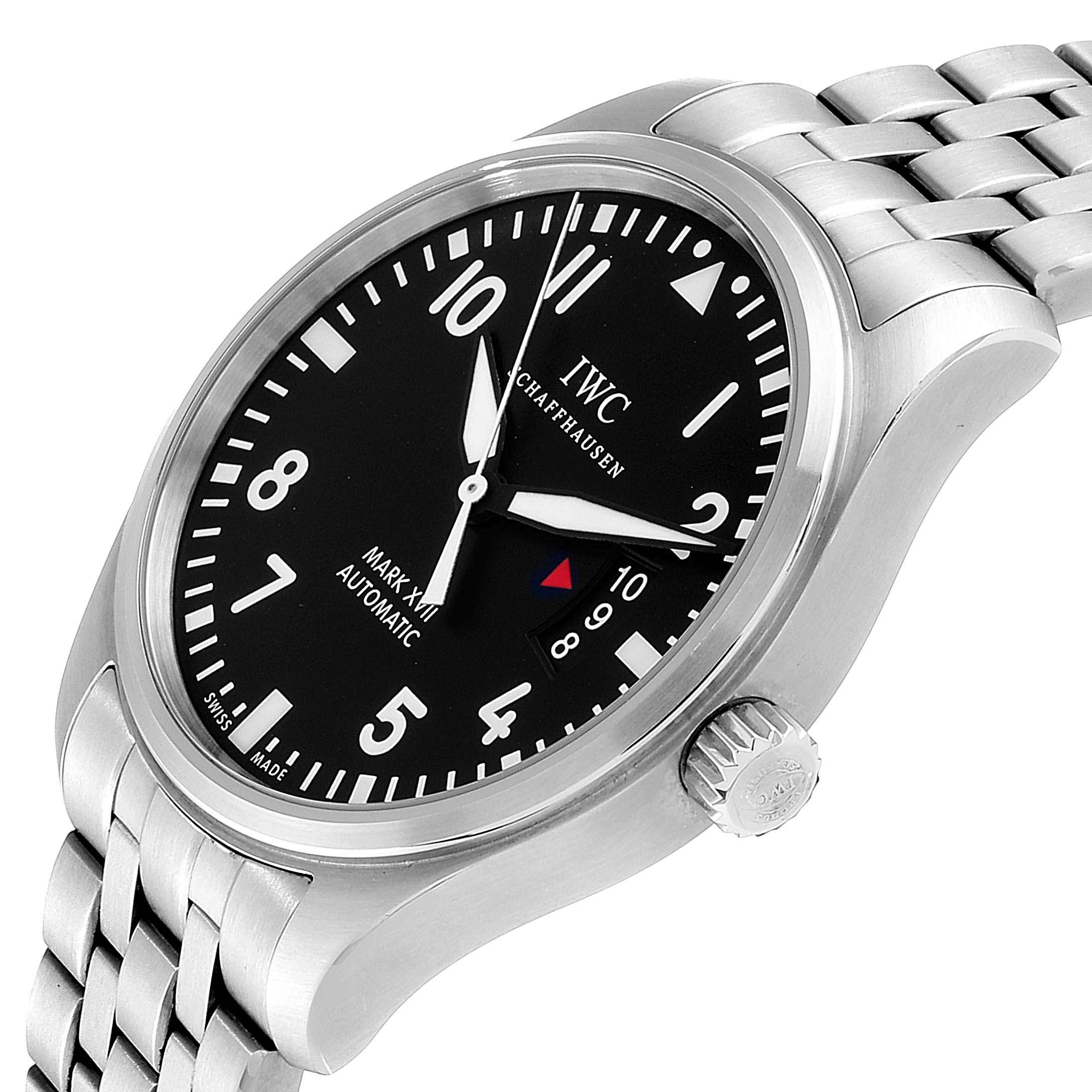 The IWC Pilot IW326504 Men's Stainless Steel Black Dial IW326504 Men's Stainless Steel Black Dial Mark XVII watch is shown at an angled close-up, highlighting the dial, crown, and bracelet.