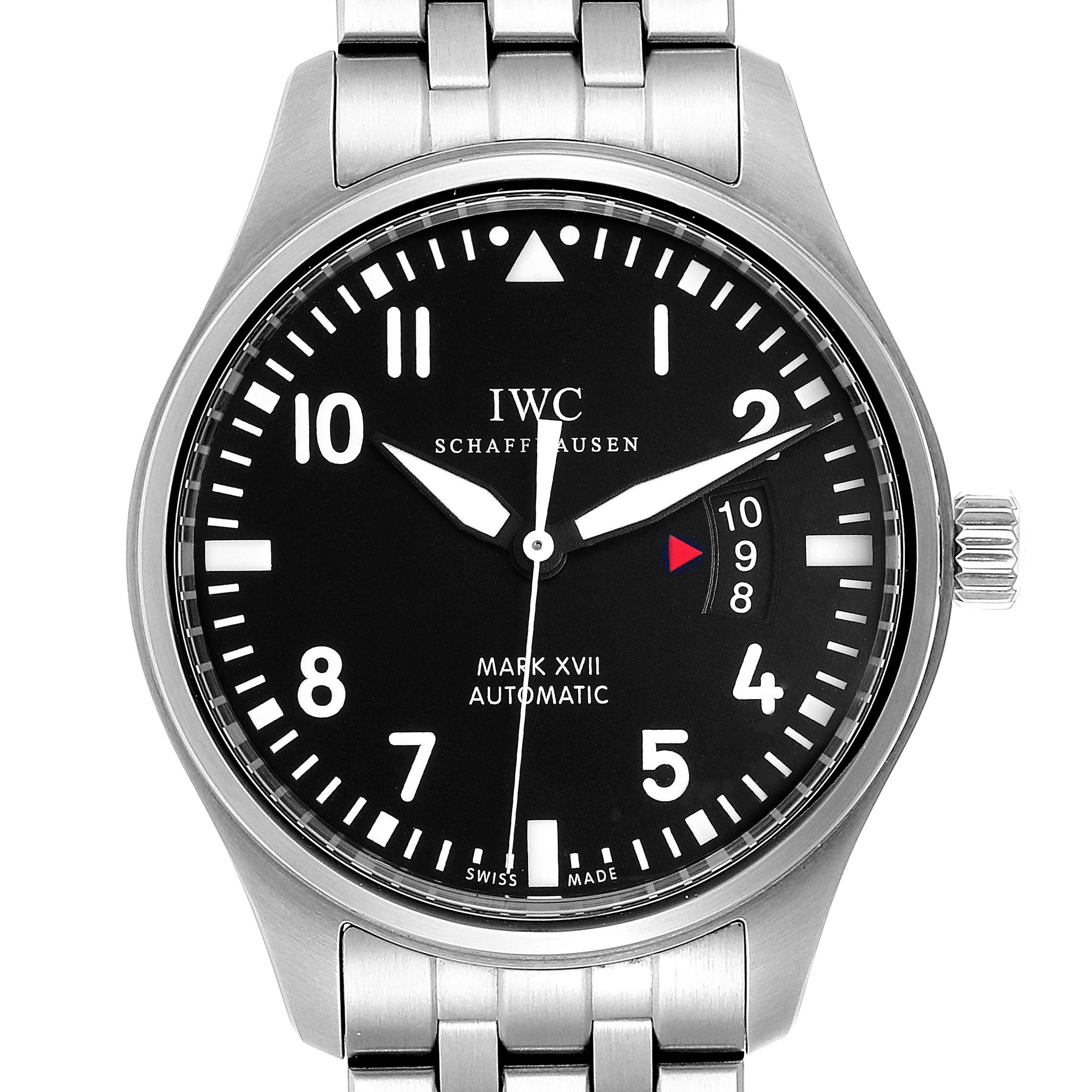 This image shows a front view of the IWC Pilot IW326504 Men's Stainless Steel Black Dial IW326504 Men's Stainless Steel Black Dial Mark XVII Automatic watch face and part of its stainless steel bracelet.