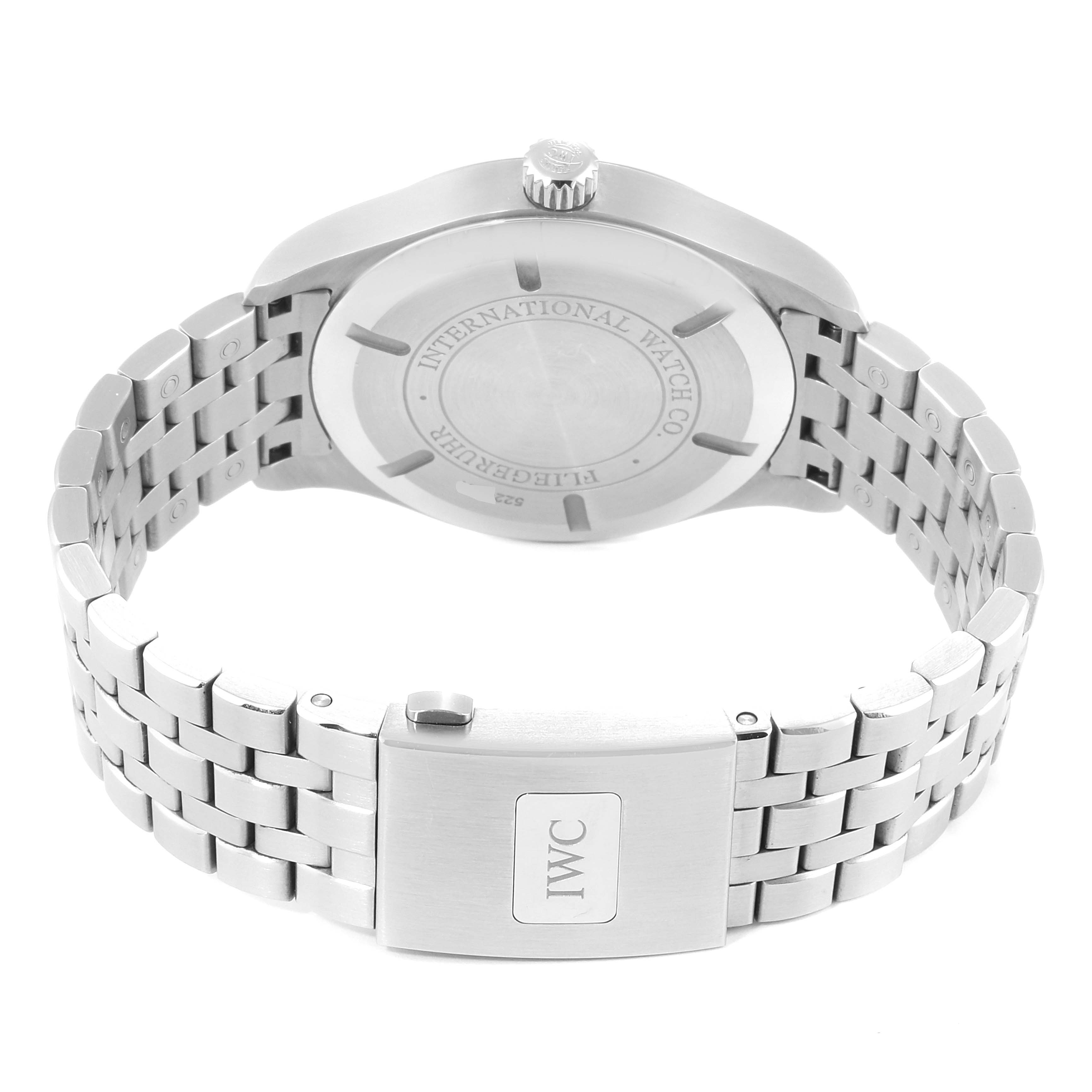 The image shows the back case and metal bracelet of the IWC Pilot IW326504 Men's Stainless Steel Black Dial IW326504 Men's Stainless Steel Black Dial model watch.