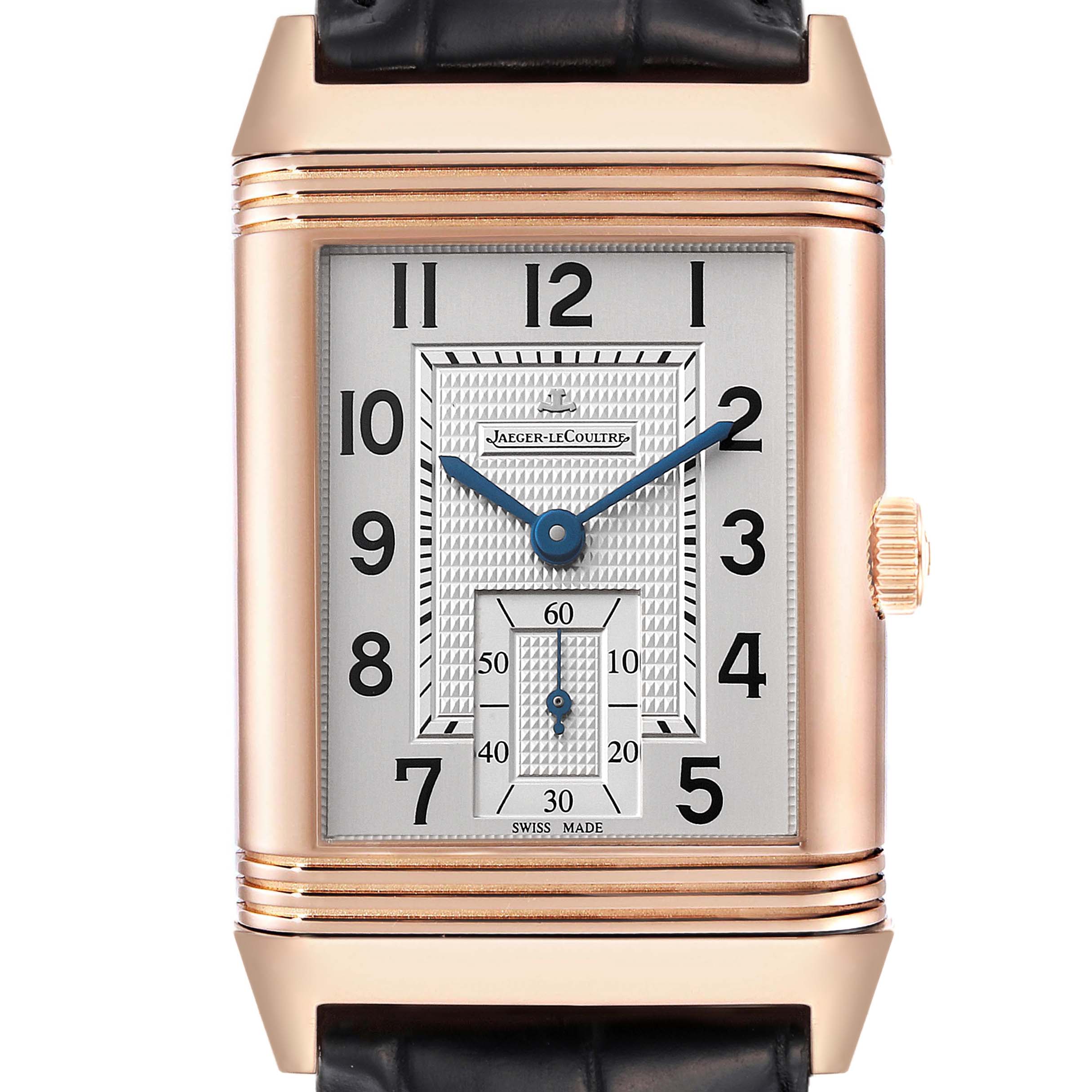This image shows a Jaeger-LeCoultre Reverso watch, displaying the face, hands, crown, and part of the leather strap from a front angle.
