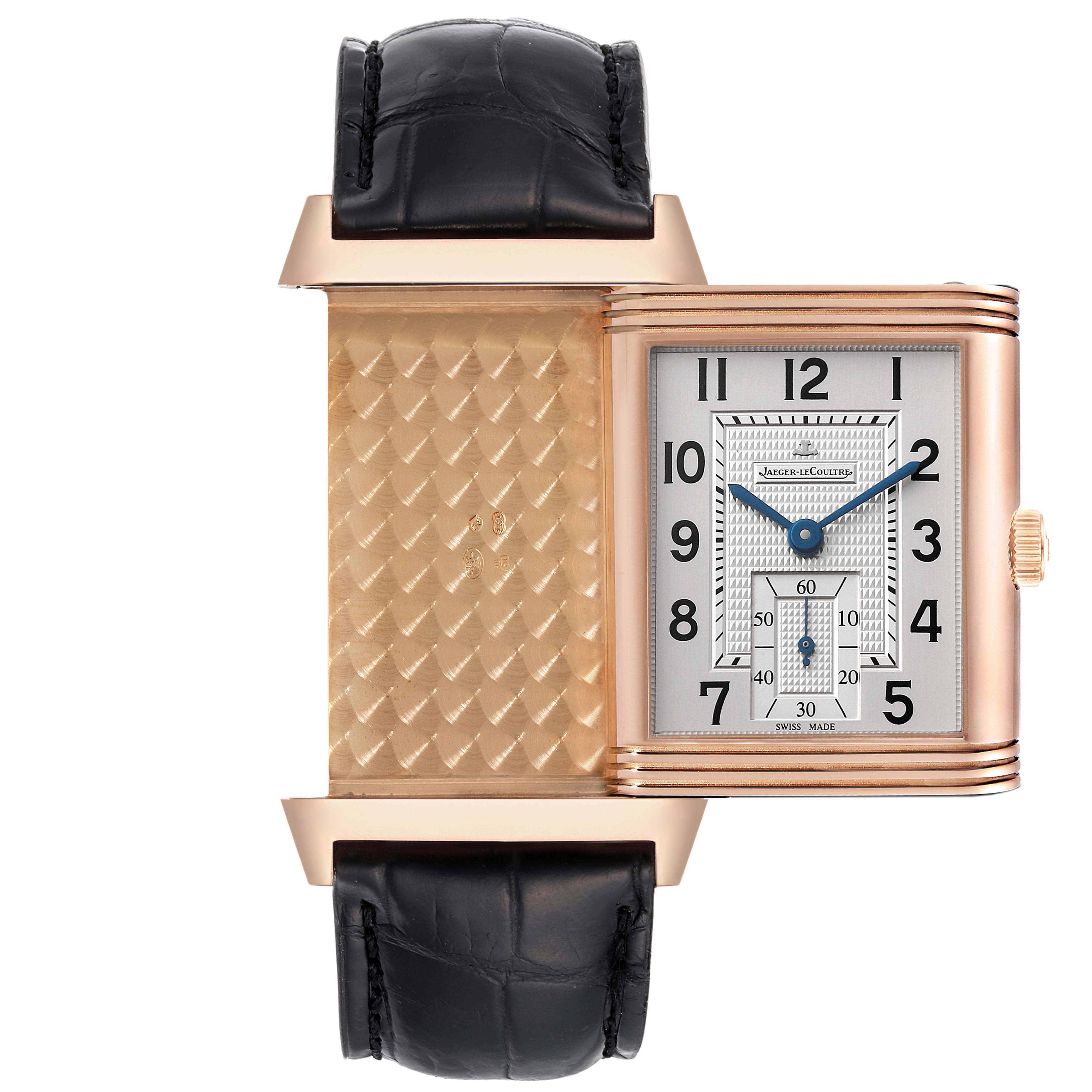 The image displays a Jaeger LeCoultre Reverso Q3732420 Men's Rose Gold Silver Dial Q3732420 Men's Rose Gold Silver Dial watch with its reversible case turned over to show the back pattern and dial.