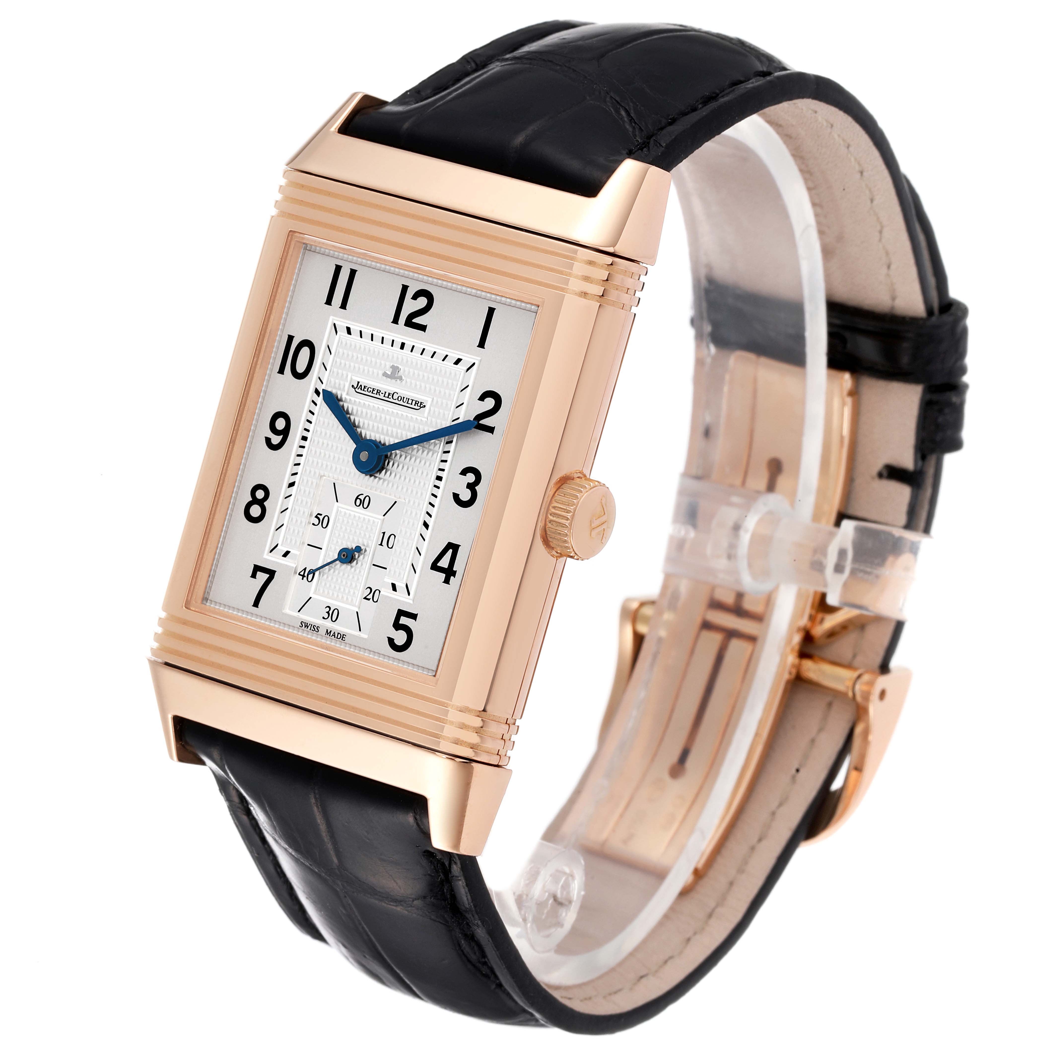 The image shows a Jaeger LeCoultre Reverso Q3732420 Men's Rose Gold Silver Dial Q3732420 Men's Rose Gold Silver Dial watch angled from the front-left, displaying its dial, crown, and leather strap.