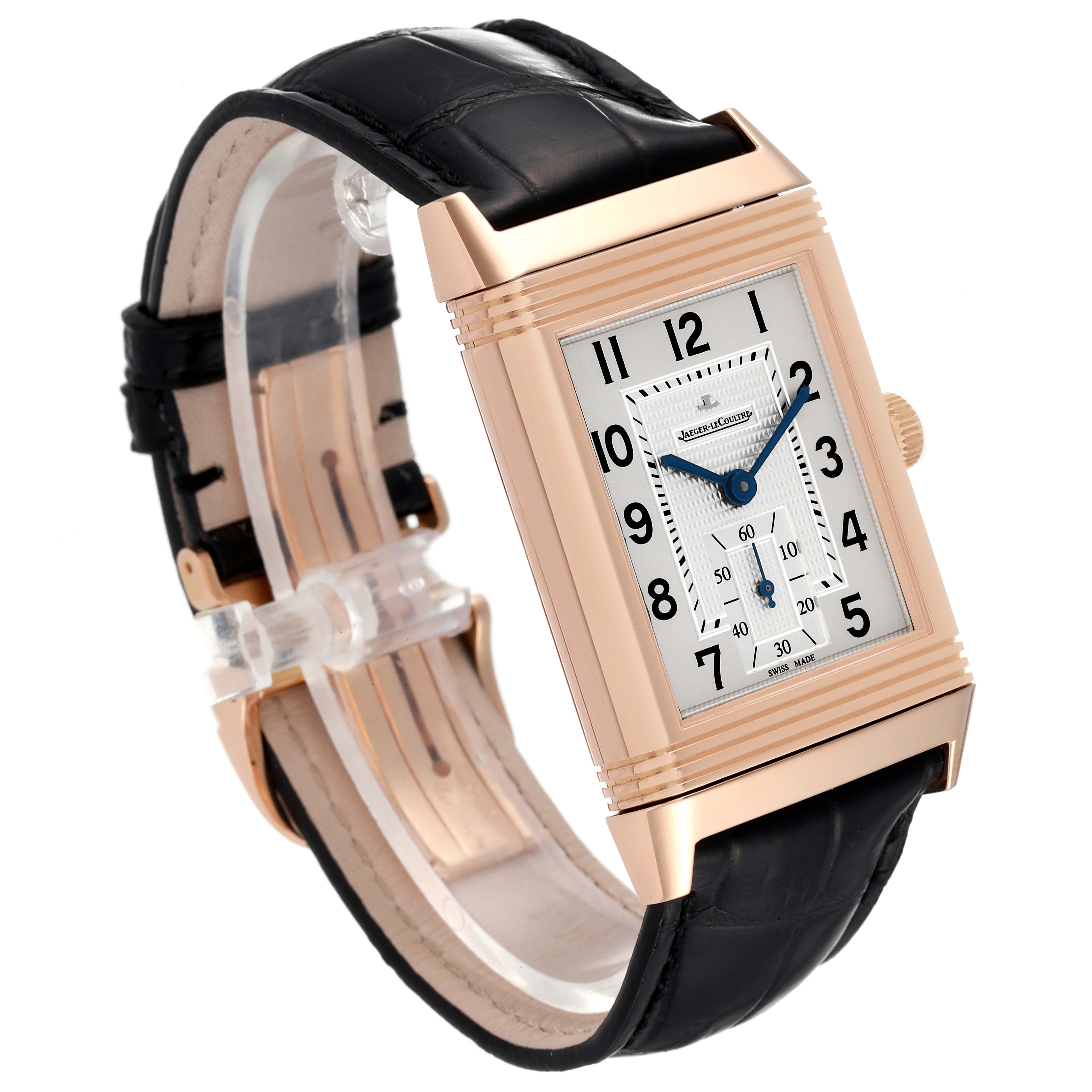 The image shows a Jaeger LeCoultre Reverso Q3732420 Men's Rose Gold Silver Dial Q3732420 Men's Rose Gold Silver Dial watch at a slightly angled side view, highlighting its rectangular face, leather strap, and crown.