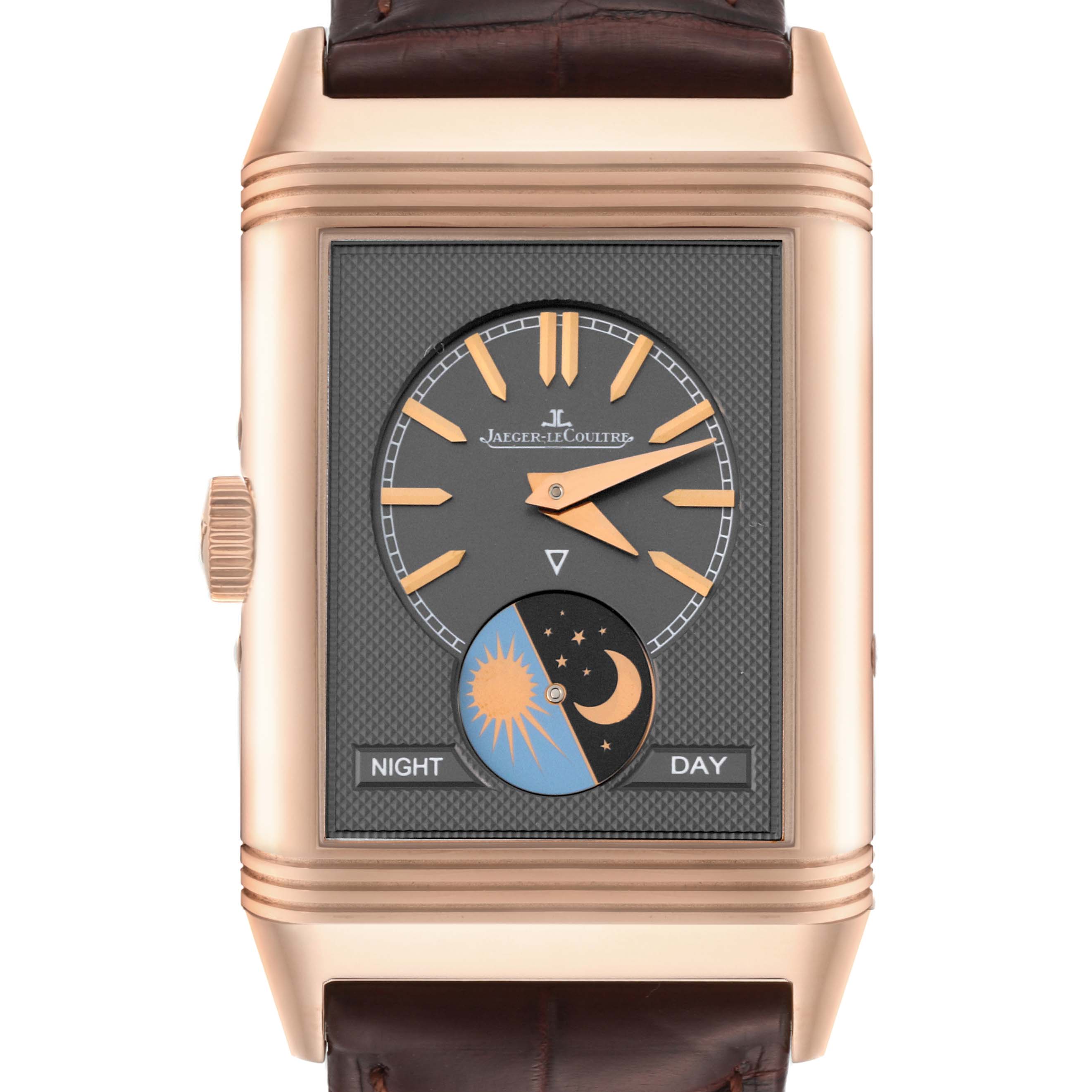This image shows a frontal view of the Jaeger LeCoultre Reverso Q3912420 Men
s Rose Gold Silver Dial Q3912420 Men
s Rose Gold Silver Dial watch, highlighting the dial with day-night indicators and watch hands.