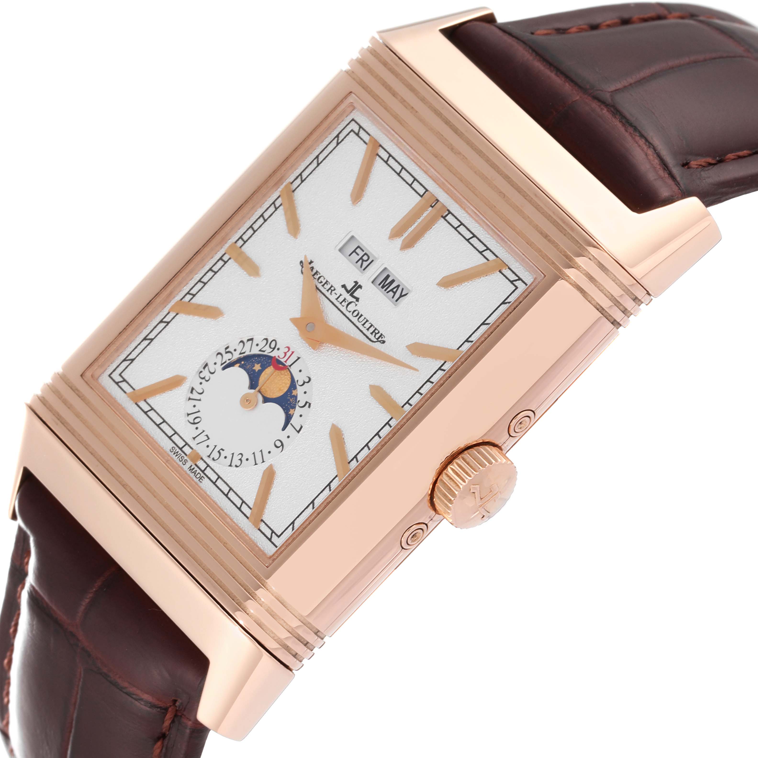 Side angle of a Jaeger-LeCoultre Reverso watch, showing the case, dial, crown, and leather strap.