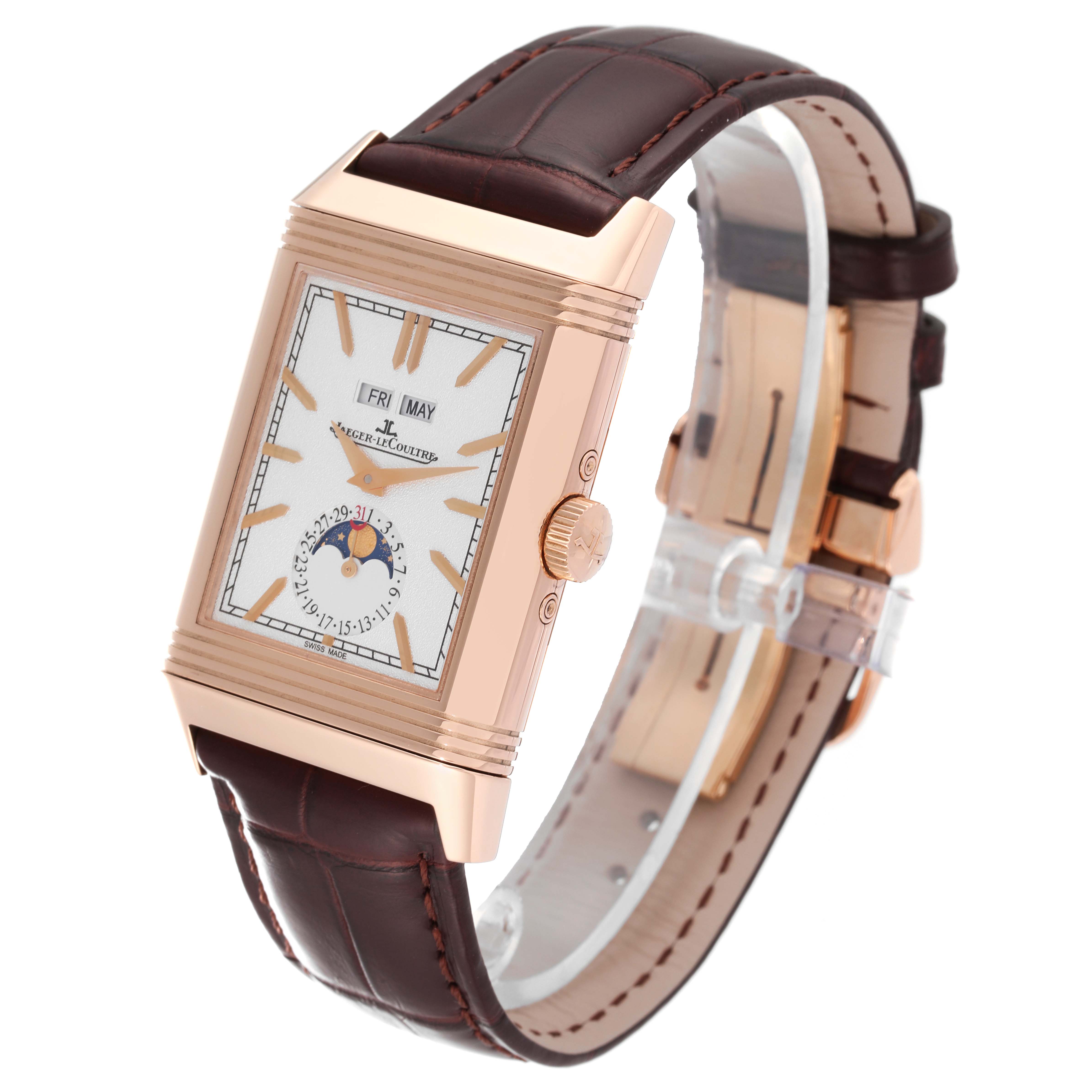 This is a Jaeger-LeCoultre Reverso model watch viewed at an angle that shows the face, crown, and leather strap.