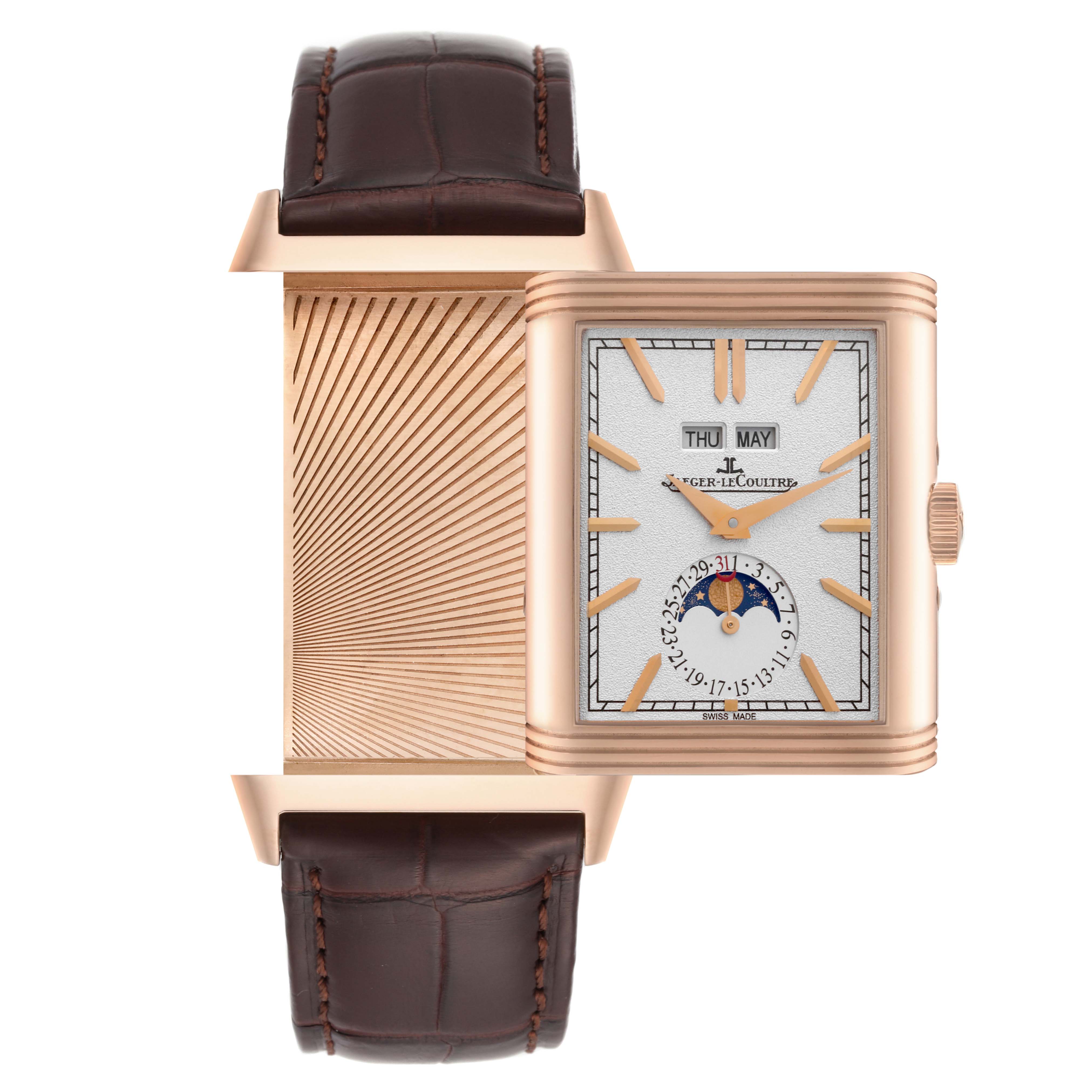 The image shows a Jaeger-LeCoultre Reverso watch displaying its front dial and the reverse side, featuring a textured design.