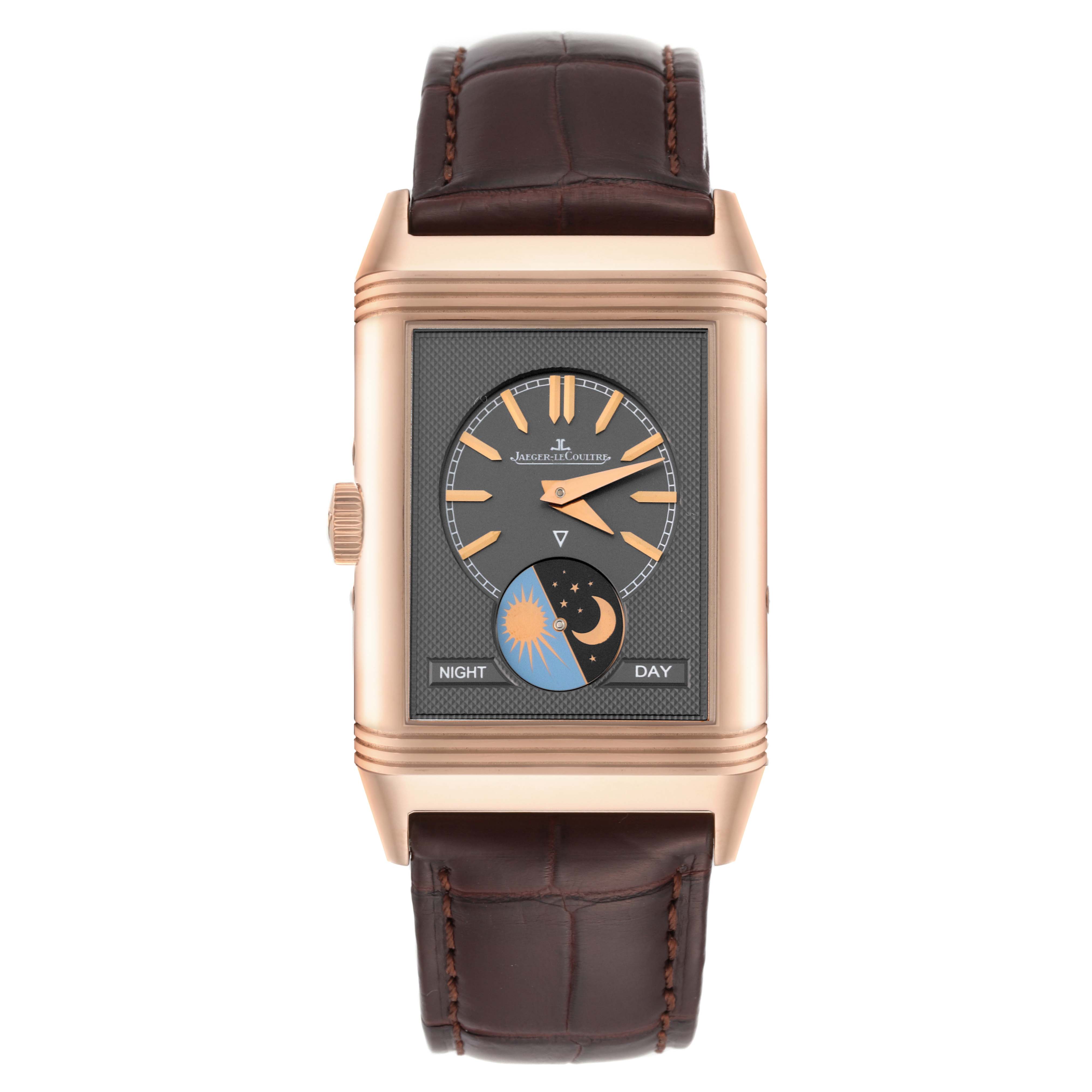 This image shows a Jaeger-LeCoultre Reverso watch from a front angle, revealing the face, dial, case, and leather strap.