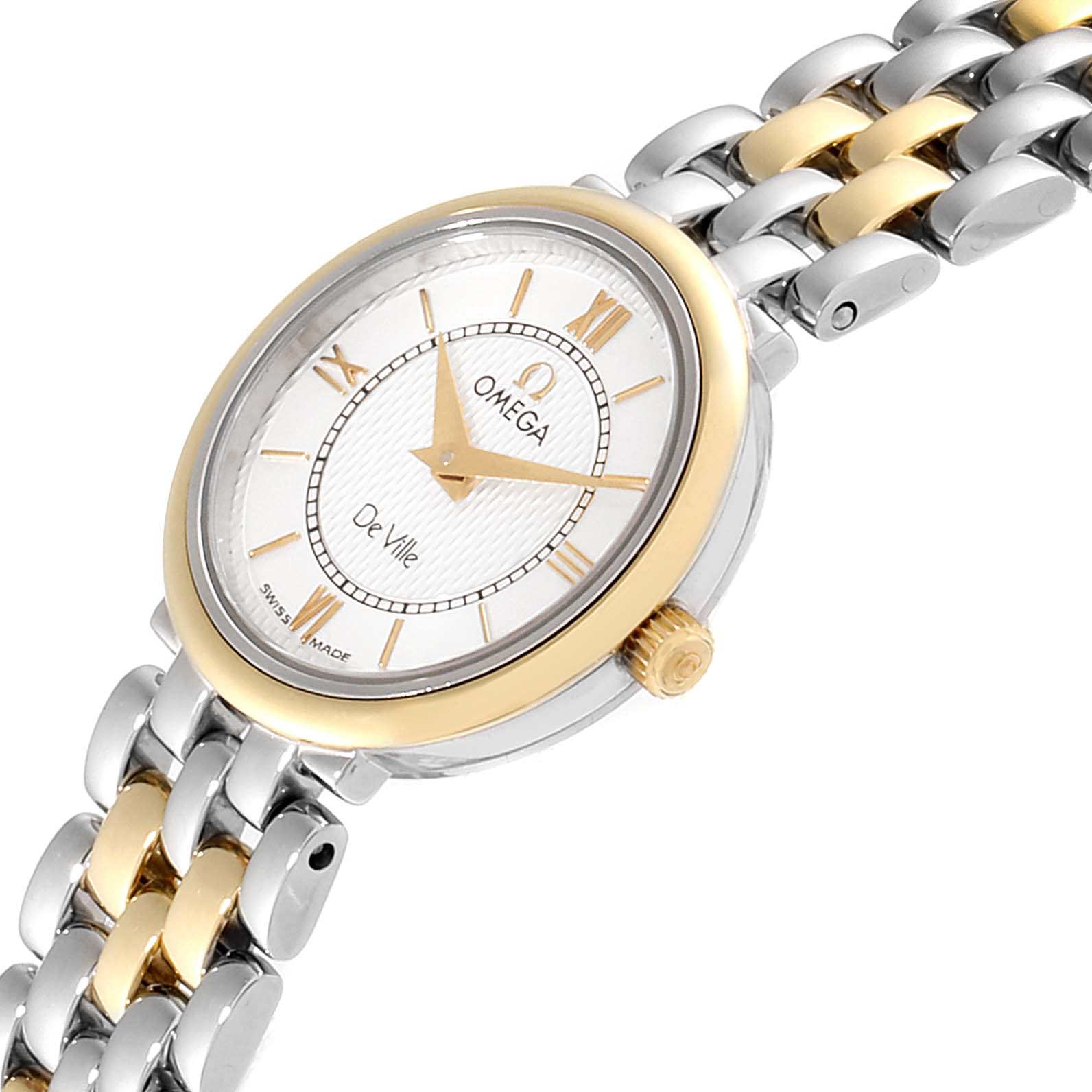 The image shows a close-up angle of the Omega 7374.31.00 Women's Steel and Gold (two tone) Silver Dial 7374.31.00 Women's Steel and Gold (two tone) Silver Dial DeVille Classic Steel Yellow Gold Ladies Watch 7374.31.00, highlighting its dial and bracelet.