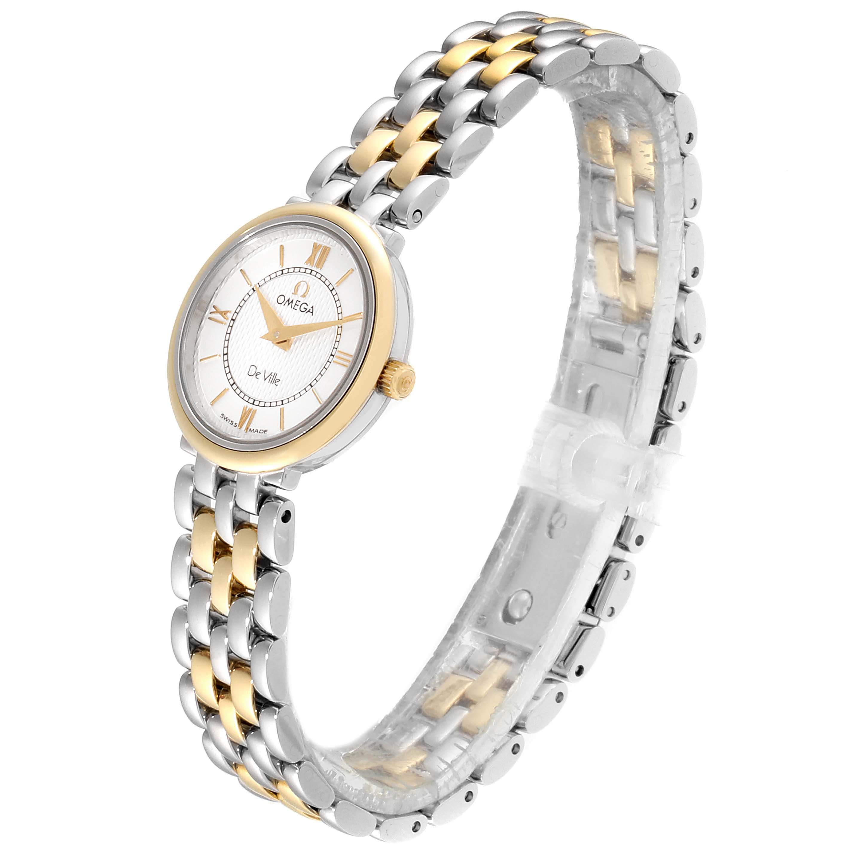 The image shows an Omega 7374.31.00 Women's Steel and Gold (two tone) Silver Dial 7374.31.00 Women's Steel and Gold (two tone) Silver Dial DeVille Classic Steel Yellow Gold Ladies Watch 7374.31.00 at an angle highlighting the dial and bracelet.