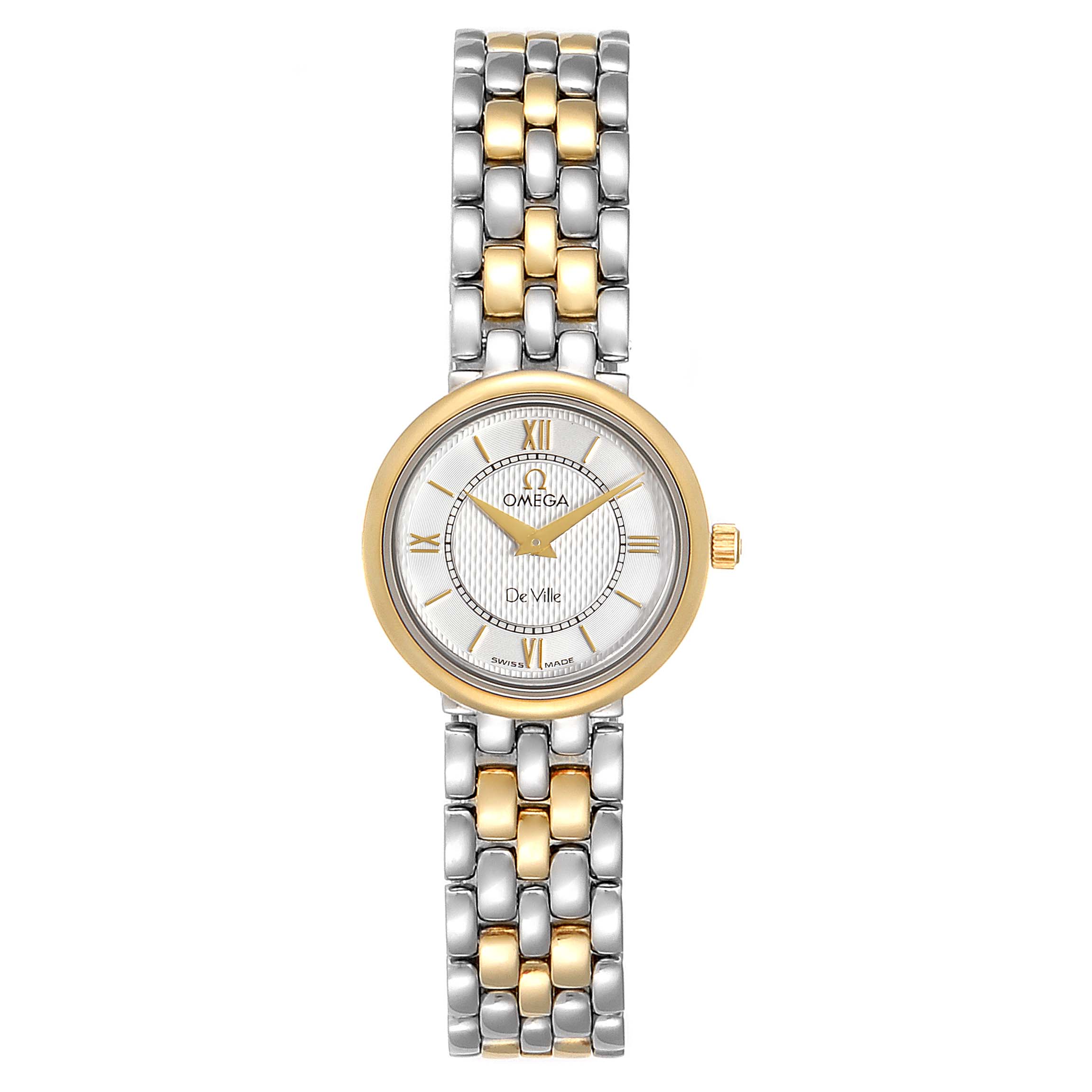 The image shows a front-facing view of the Omega 7374.31.00 Women's Steel and Gold (two tone) Silver Dial 7374.31.00 Women's Steel and Gold (two tone) Silver Dial DeVille Classic Steel Yellow Gold Ladies Watch 7374.31.00, highlighting the dial and bracelet.