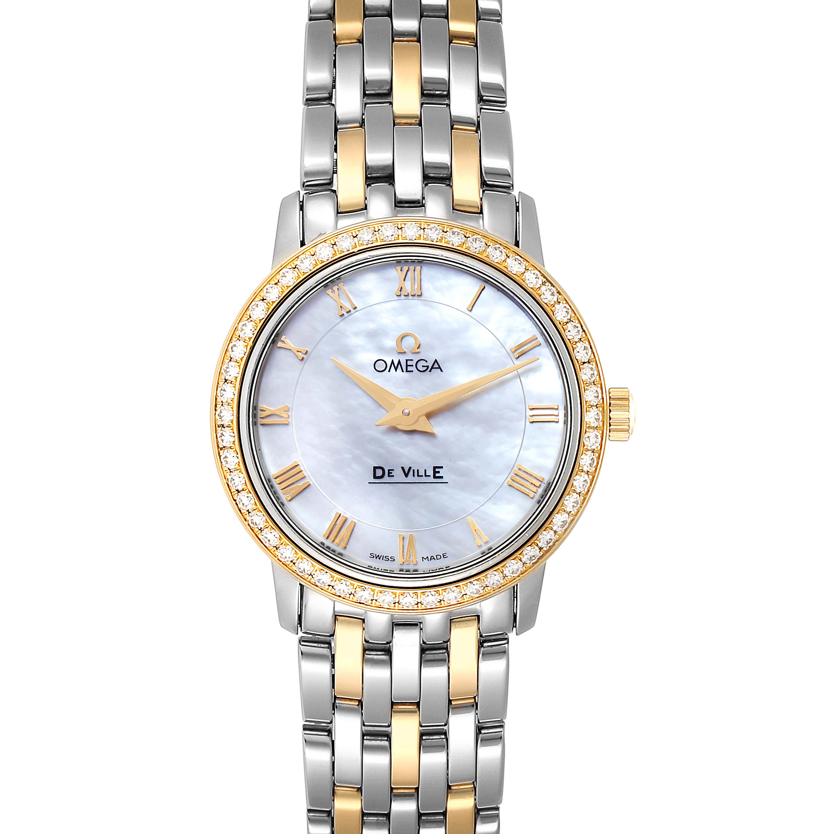 The Omega 413.25.27.60.05.001 Women
s Steel and Gold (two tone) Mother of Pearl Dial 413.25.27.60.05.001 Women
s Steel and Gold (two tone) Mother of Pearl Dial DeVille Prestige Steel Yellow Gold Diamond Watch 413.25.27.60.05.001 is shown from the front, highlighting its dial, bezel, and bracelet.