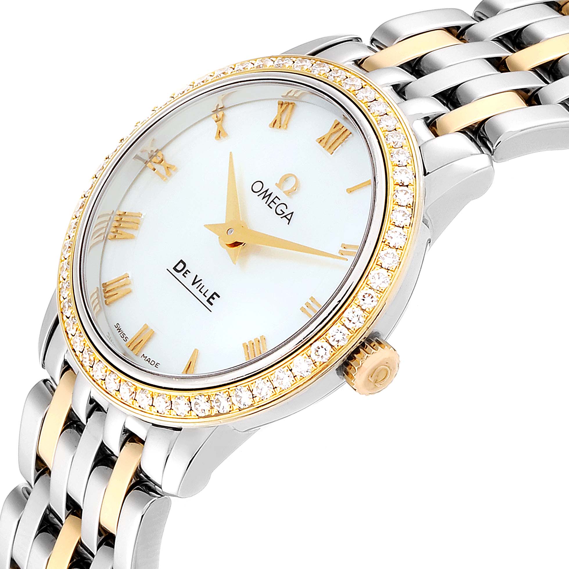 The Omega 413.25.27.60.05.001 Women
s Steel and Gold (two tone) Mother of Pearl Dial 413.25.27.60.05.001 Women
s Steel and Gold (two tone) Mother of Pearl Dial DeVille Prestige Steel Yellow Gold Diamond Watch 413.25.27.60.05.001 is shown at a slight angle highlighting its face and bracelet.