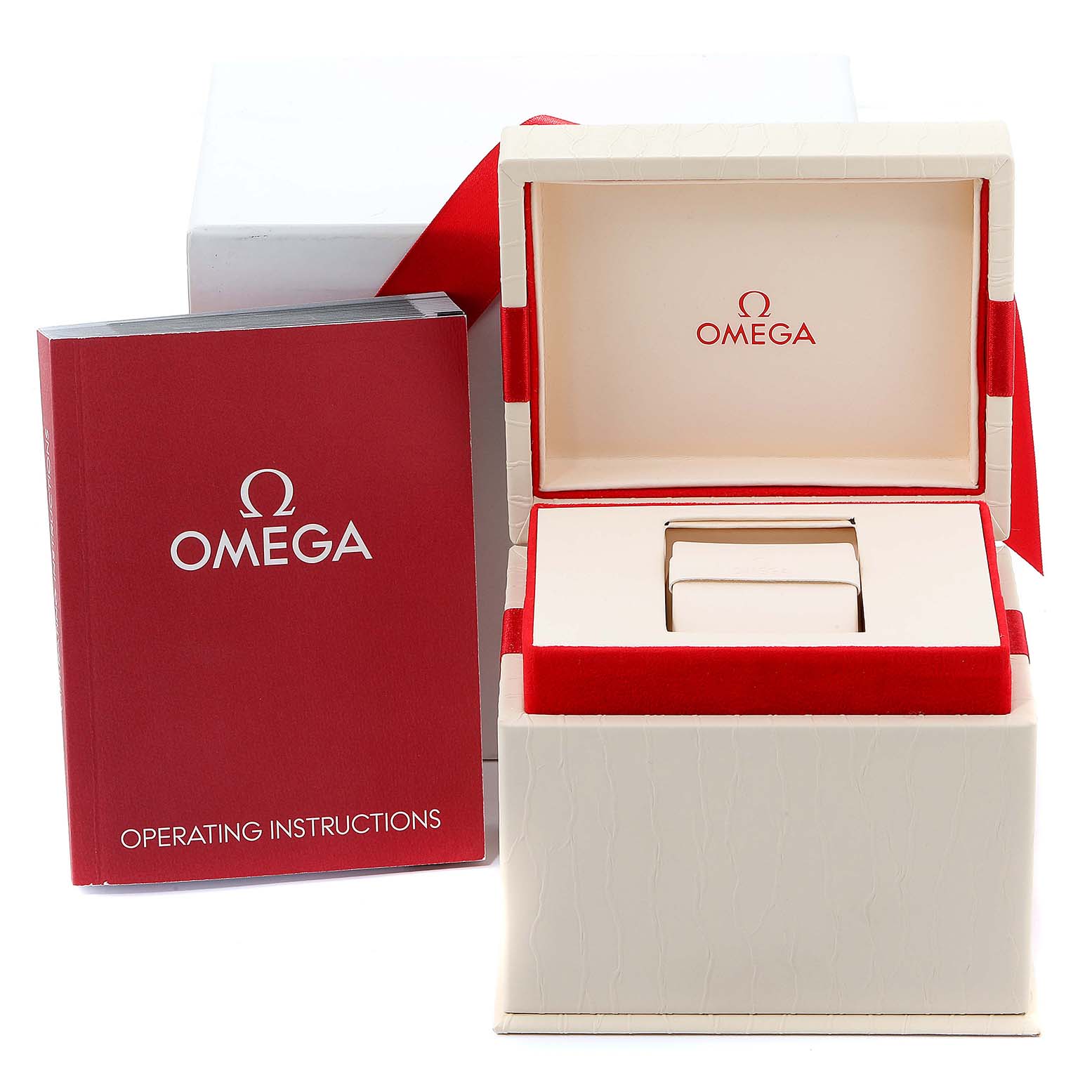 The image shows the packaging and operating instructions for the Omega 413.25.27.60.05.001 Women
s Steel and Gold (two tone) Mother of Pearl Dial 413.25.27.60.05.001 Women
s Steel and Gold (two tone) Mother of Pearl Dial DeVille Prestige Steel Yellow Gold Diamond Watch 413.25.27.60.05.001.