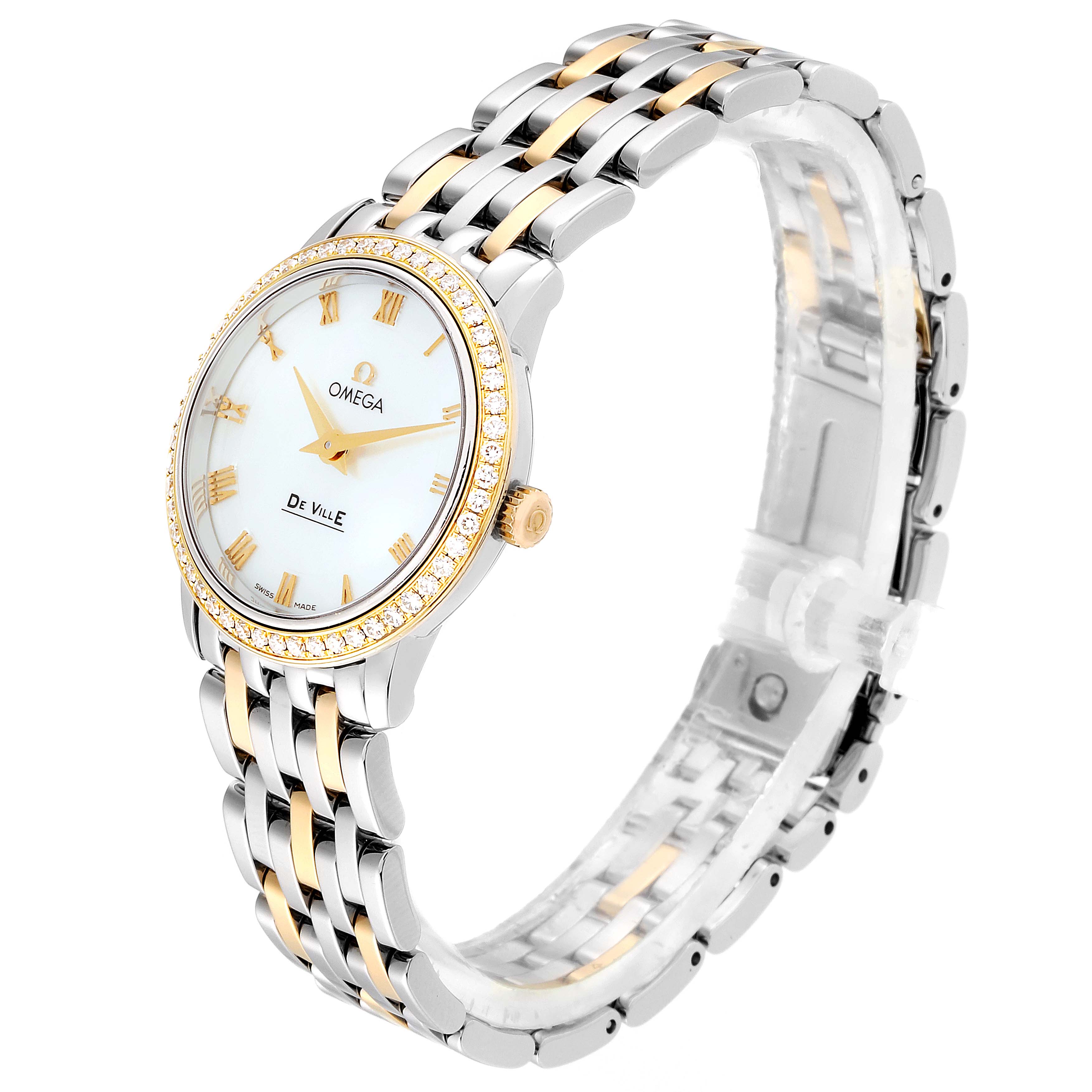 The image shows an angled view of the Omega 413.25.27.60.05.001 Women
s Steel and Gold (two tone) Mother of Pearl Dial 413.25.27.60.05.001 Women
s Steel and Gold (two tone) Mother of Pearl Dial DeVille Prestige Steel Yellow Gold Diamond Watch 413.25.27.60.05.001, displaying the face and bracelet.