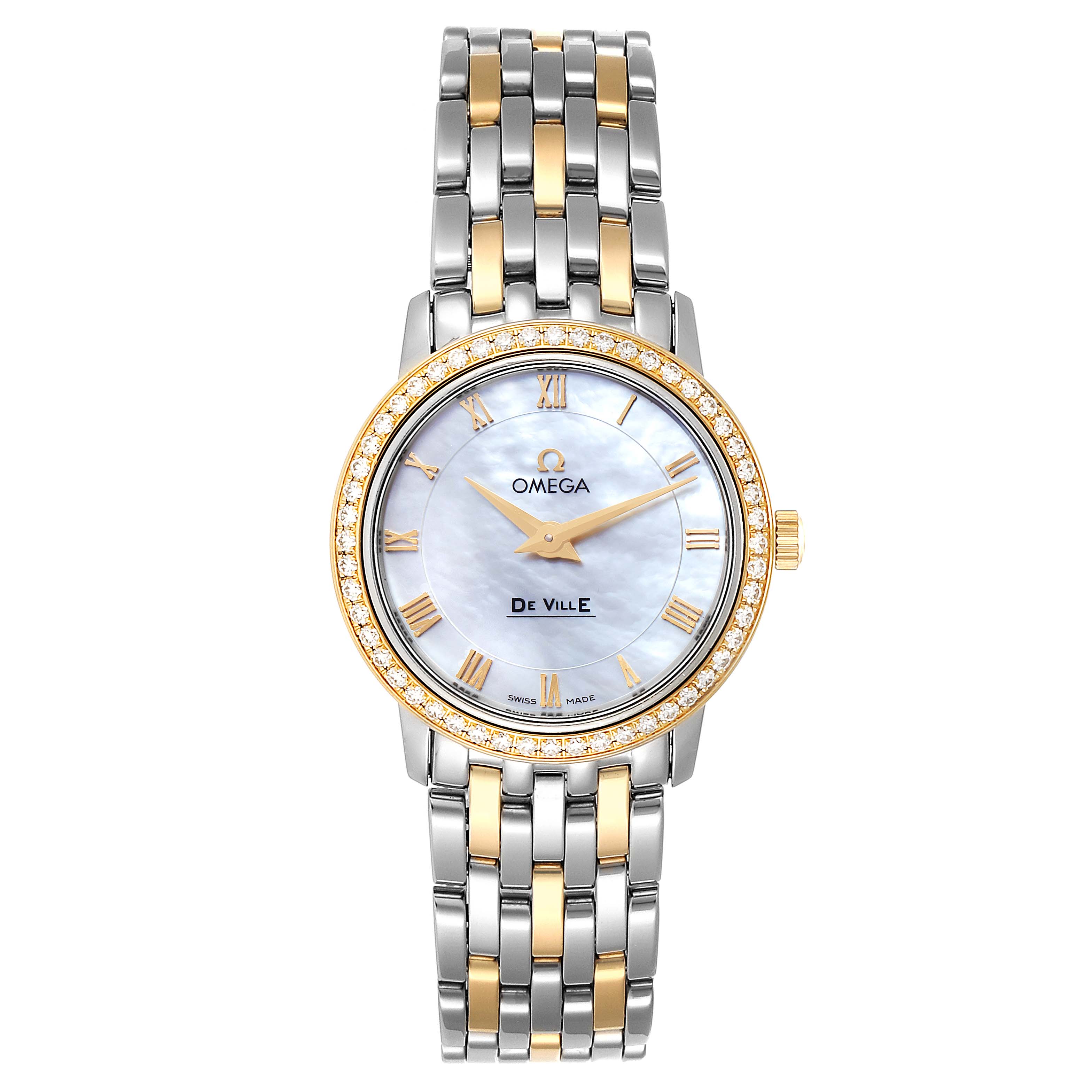 The image shows a front view of the Omega 413.25.27.60.05.001 Women
s Steel and Gold (two tone) Mother of Pearl Dial 413.25.27.60.05.001 Women
s Steel and Gold (two tone) Mother of Pearl Dial DeVille Prestige Steel Yellow Gold Diamond Watch 413.25.27.60.05.001, highlighting the dial and bracelet.