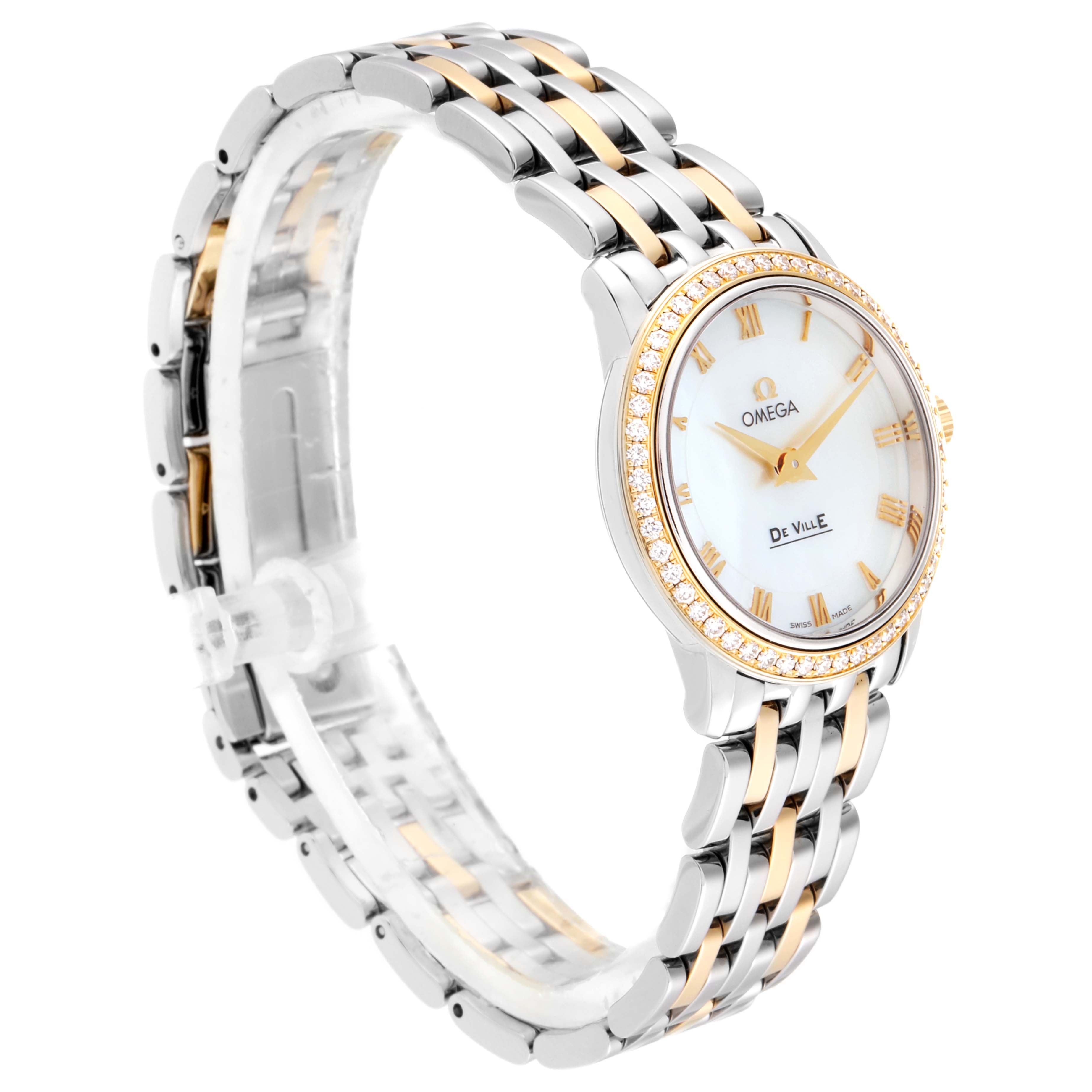 The image shows an angled view of the Omega 413.25.27.60.05.001 Women
s Steel and Gold (two tone) Mother of Pearl Dial 413.25.27.60.05.001 Women
s Steel and Gold (two tone) Mother of Pearl Dial DeVille Prestige Steel Yellow Gold Diamond Watch model 413.25.27.60.05.001, highlighting its bracelet and face.