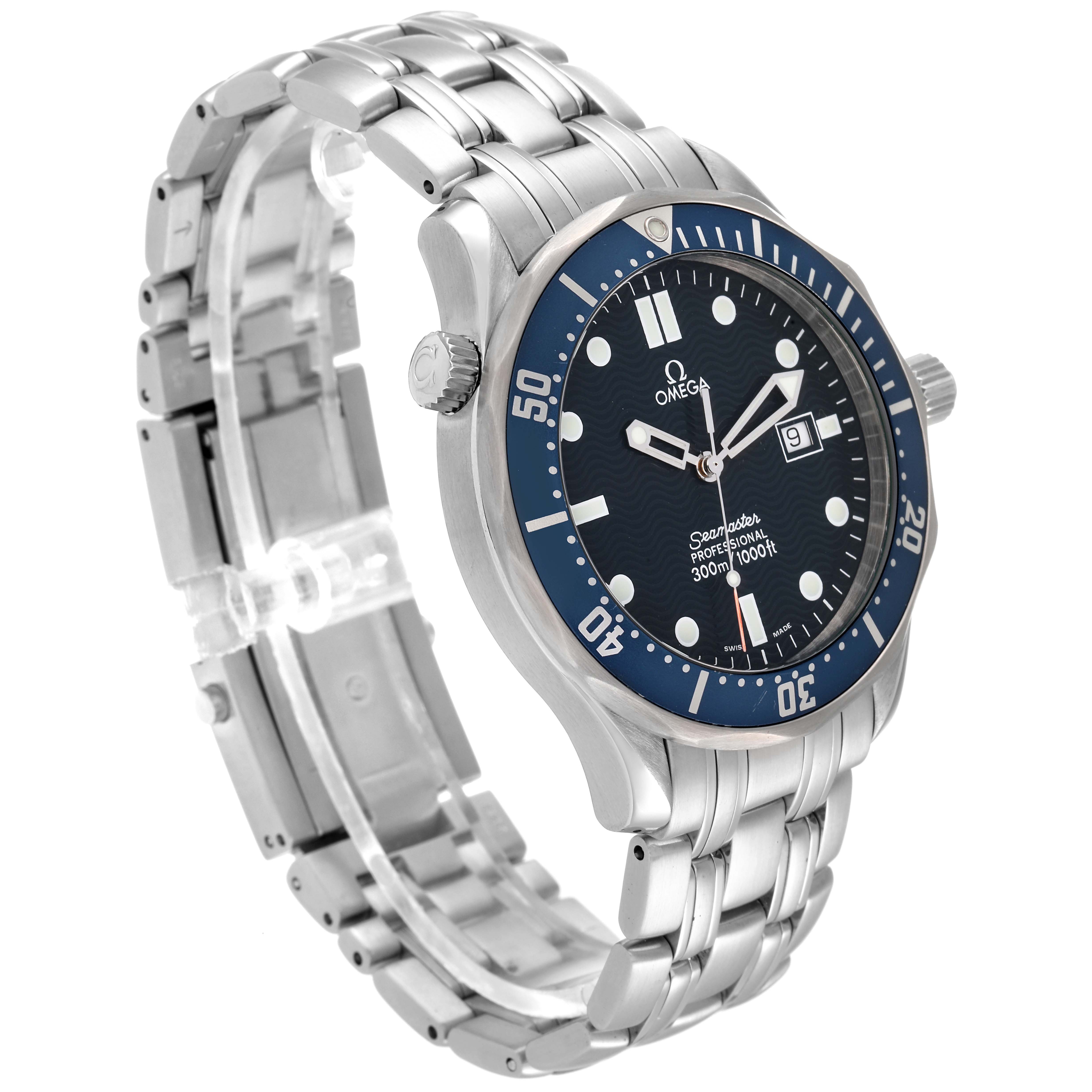 The image shows an angled view of the Omega Seamaster 2541.80.00 Men's Stainless Steel Blue Dial 2541.80.00 Men's Stainless Steel Blue Dial watch, highlighting the blue dial, bezel, and stainless steel bracelet.