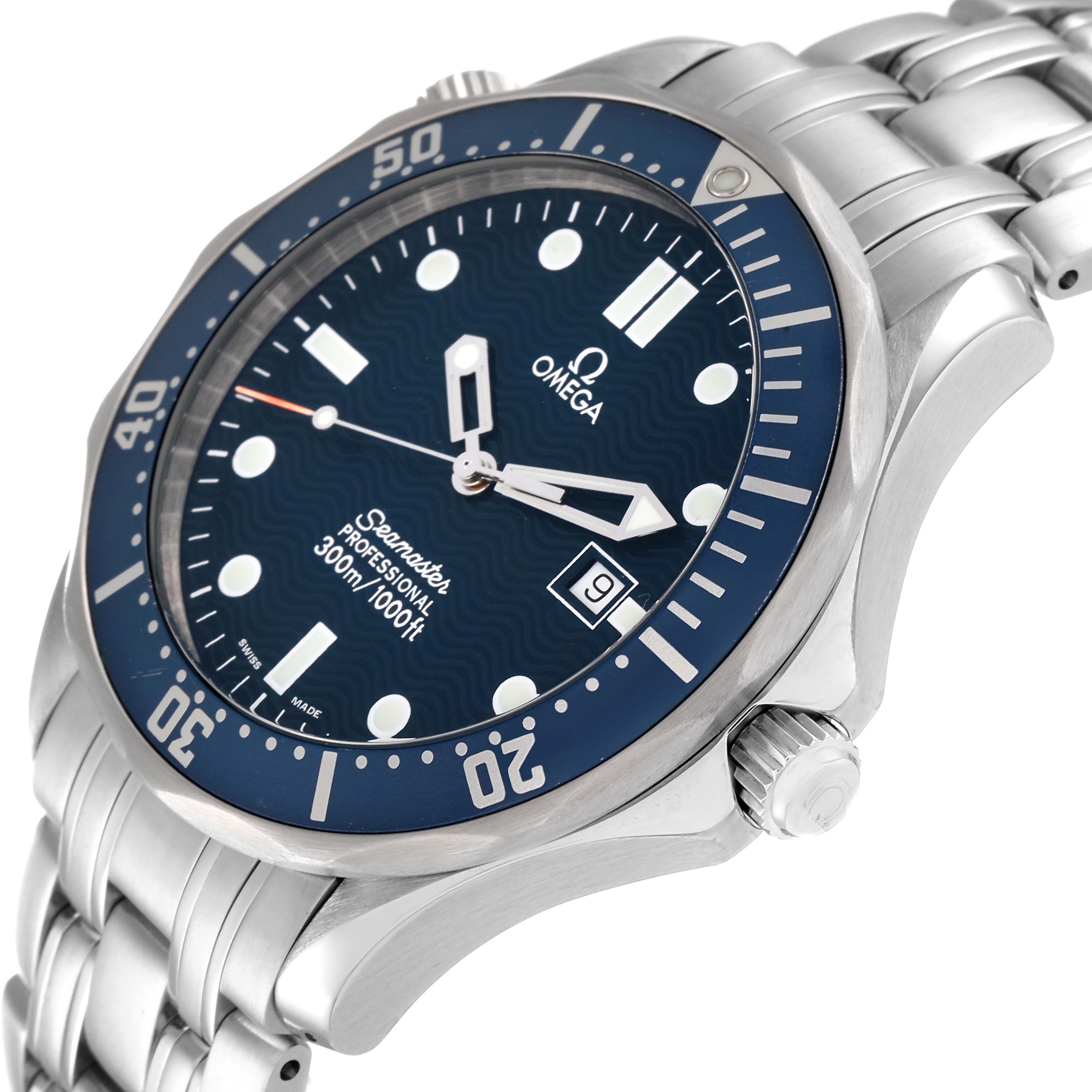 The image shows an angled view of the Omega Seamaster 2541.80.00 Men's Stainless Steel Blue Dial 2541.80.00 Men's Stainless Steel Blue Dial watch, displaying the dial, bezel, crown, and part of the bracelet.