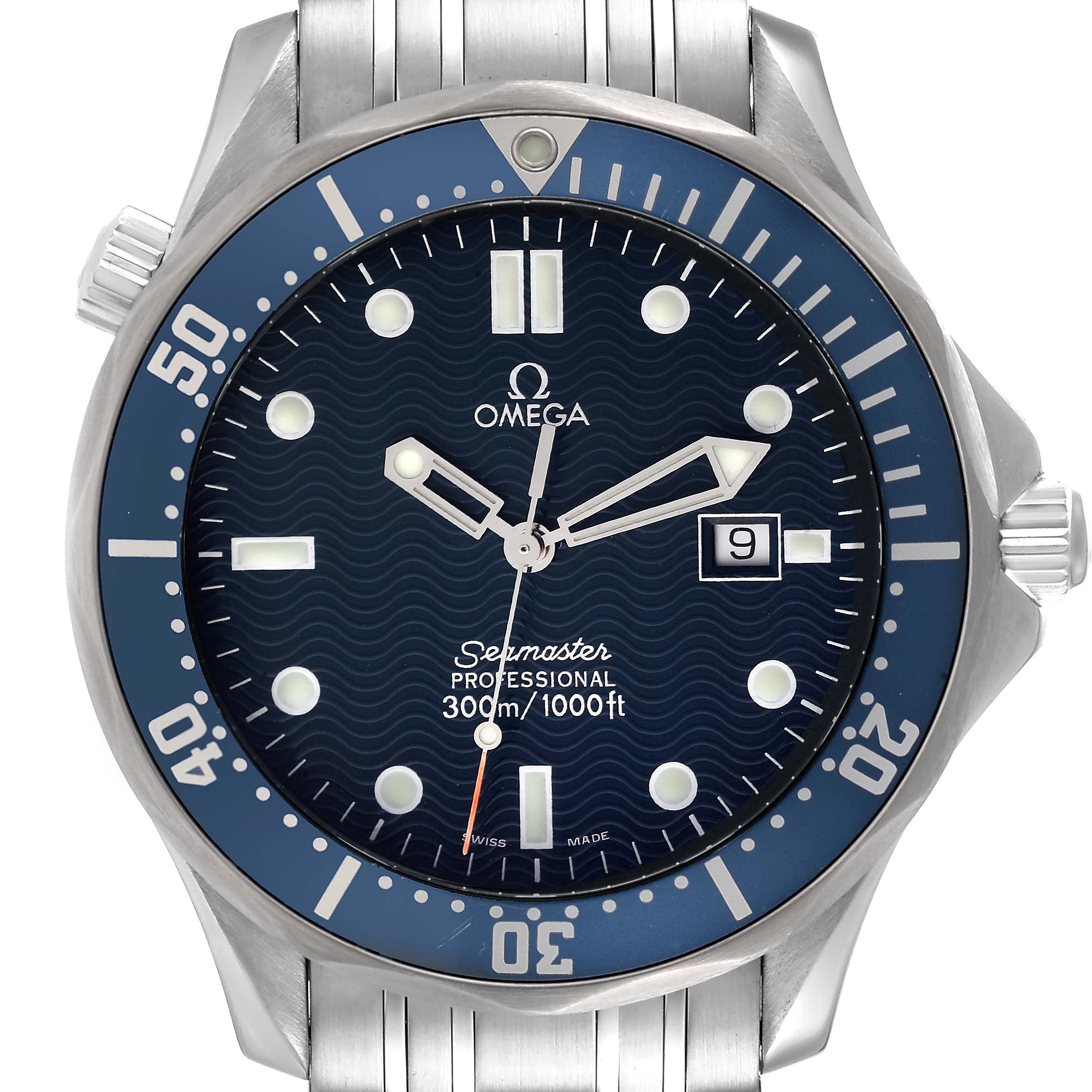 This image shows a frontal view of an Omega Seamaster 2541.80.00 Men's Stainless Steel Blue Dial 2541.80.00 Men's Stainless Steel Blue Dial watch, highlighting the dial, bezel, and part of the bracelet.