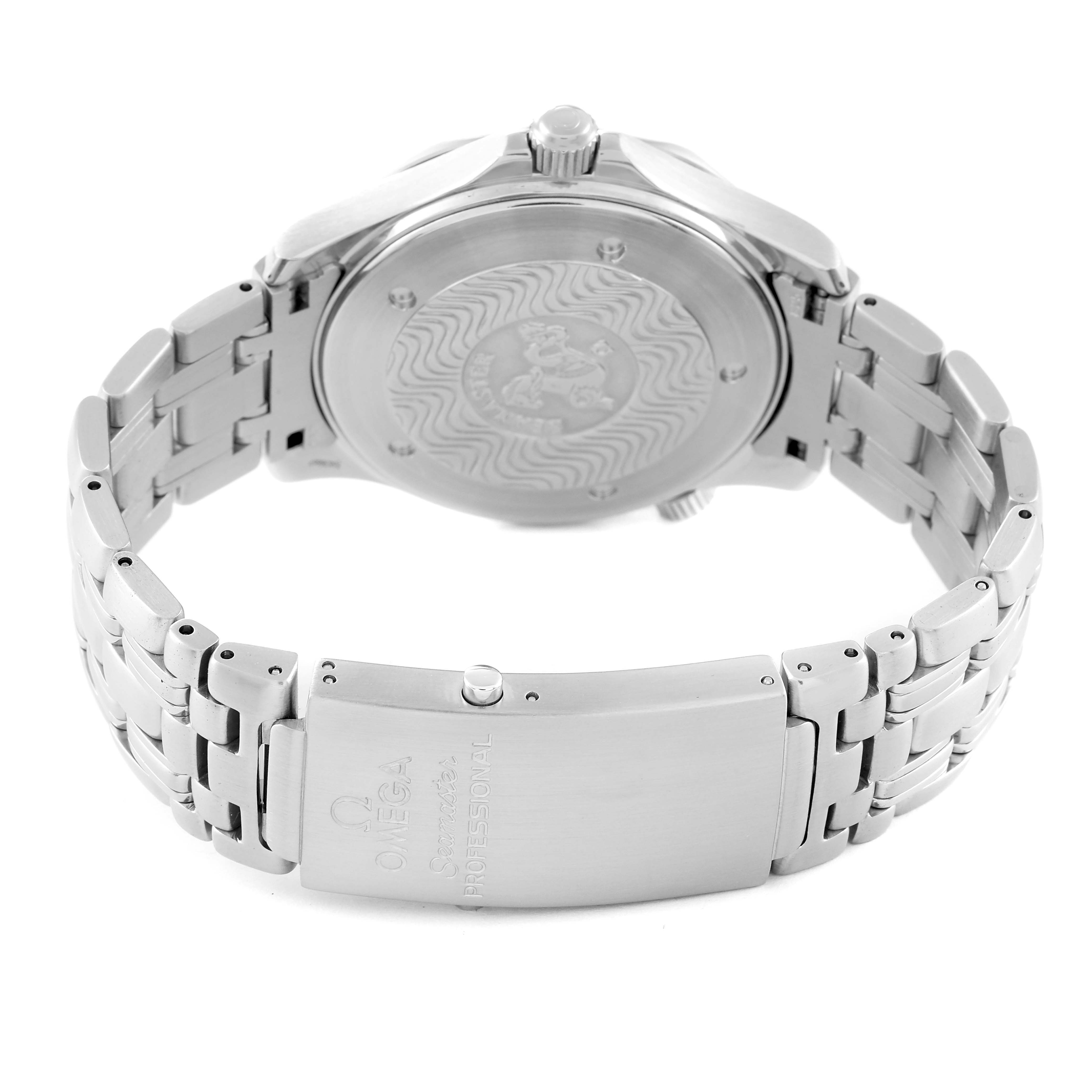 The image shows the back of the Omega Seamaster 2541.80.00 Men's Stainless Steel Blue Dial 2541.80.00 Men's Stainless Steel Blue Dial watch, highlighting the bracelet, clasp, and case back.