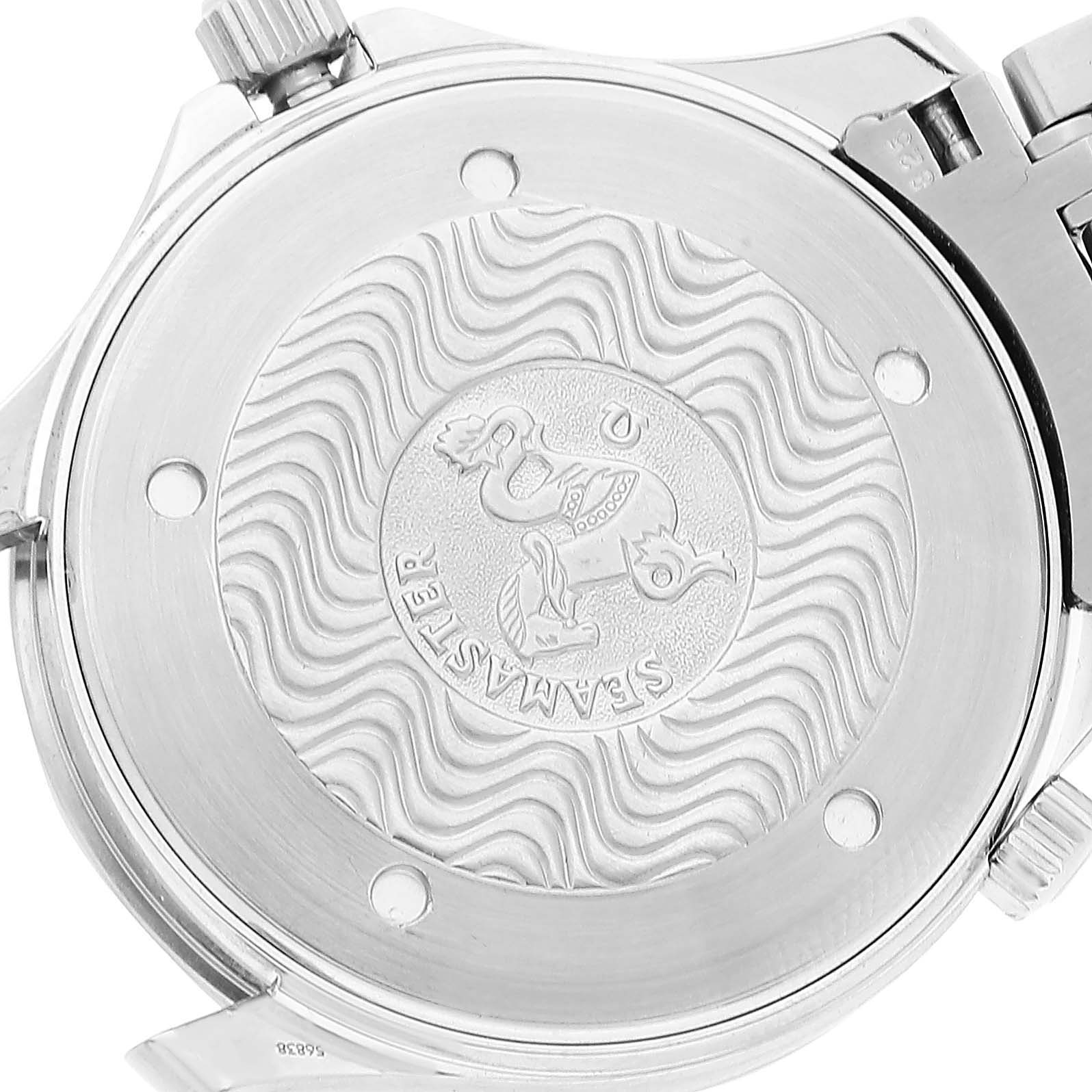 This image shows the back case of an Omega Seamaster 2541.80.00 Men's Stainless Steel Blue Dial 2541.80.00 Men's Stainless Steel Blue Dial watch, featuring the Seamaster logo and wave pattern engraving.