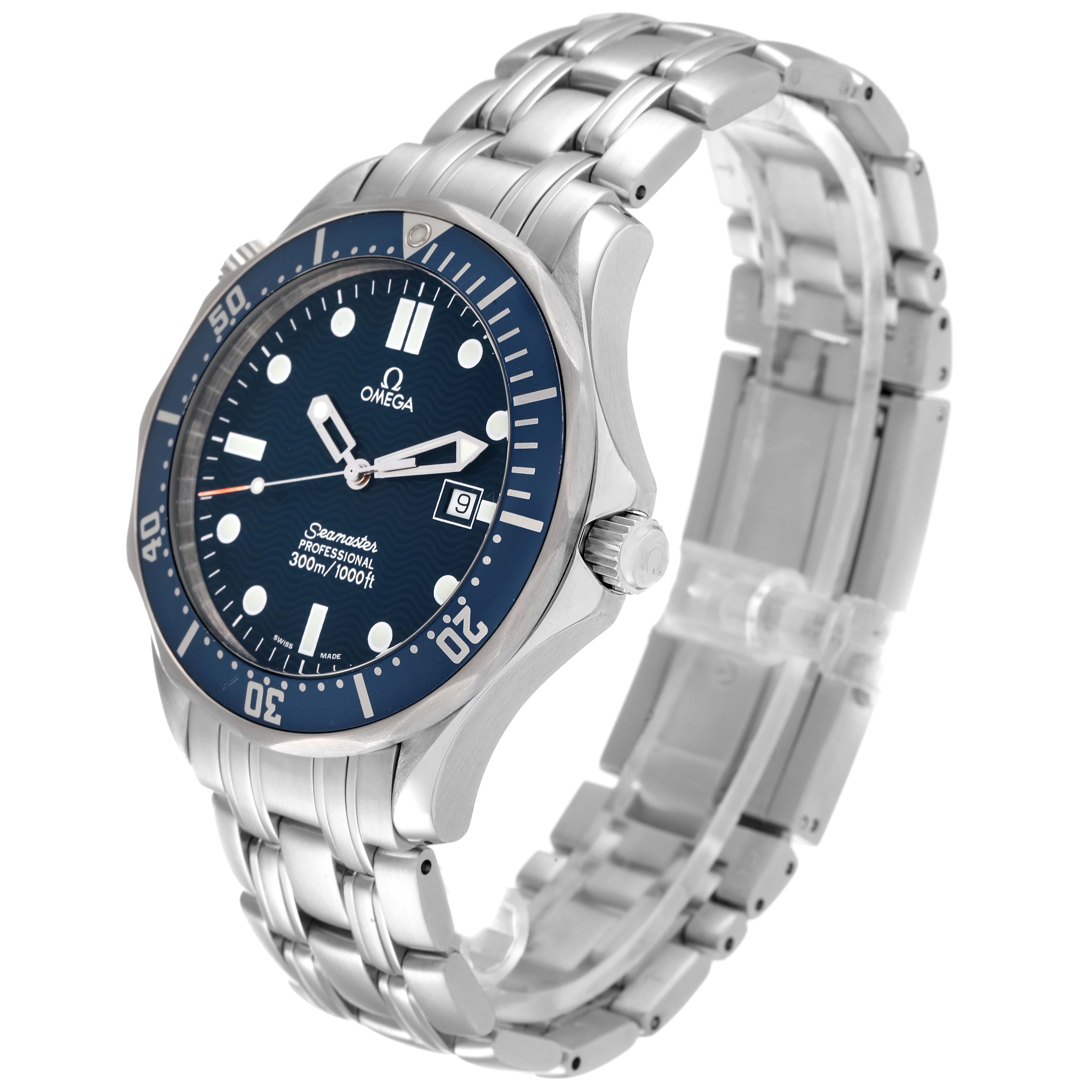 The photo shows an Omega Seamaster 2541.80.00 Men's Stainless Steel Blue Dial 2541.80.00 Men's Stainless Steel Blue Dial model watch from a three-quarter front angle highlighting its face, bezel, and bracelet.