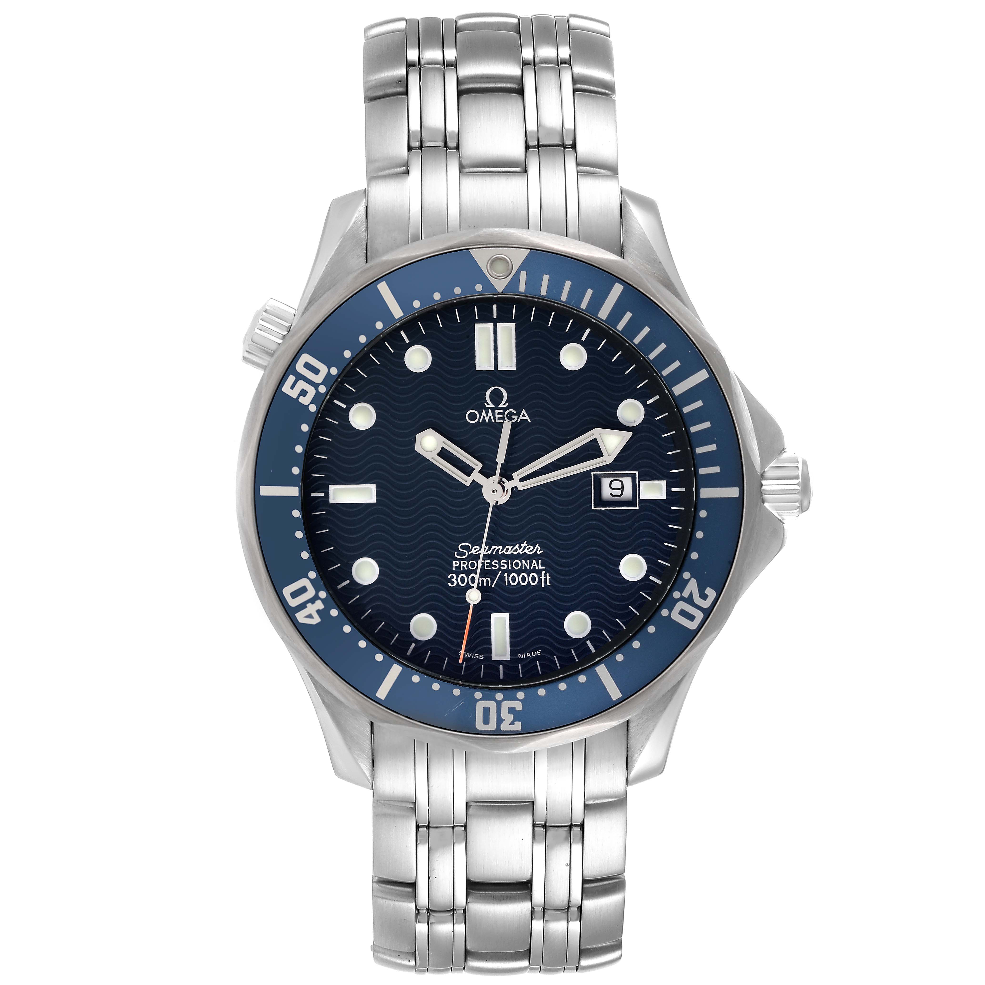 The Omega Seamaster 2541.80.00 Men's Stainless Steel Blue Dial 2541.80.00 Men's Stainless Steel Blue Dial watch is shown from a top-down angle, displaying its bezel, dial, hands, date window, and bracelet.