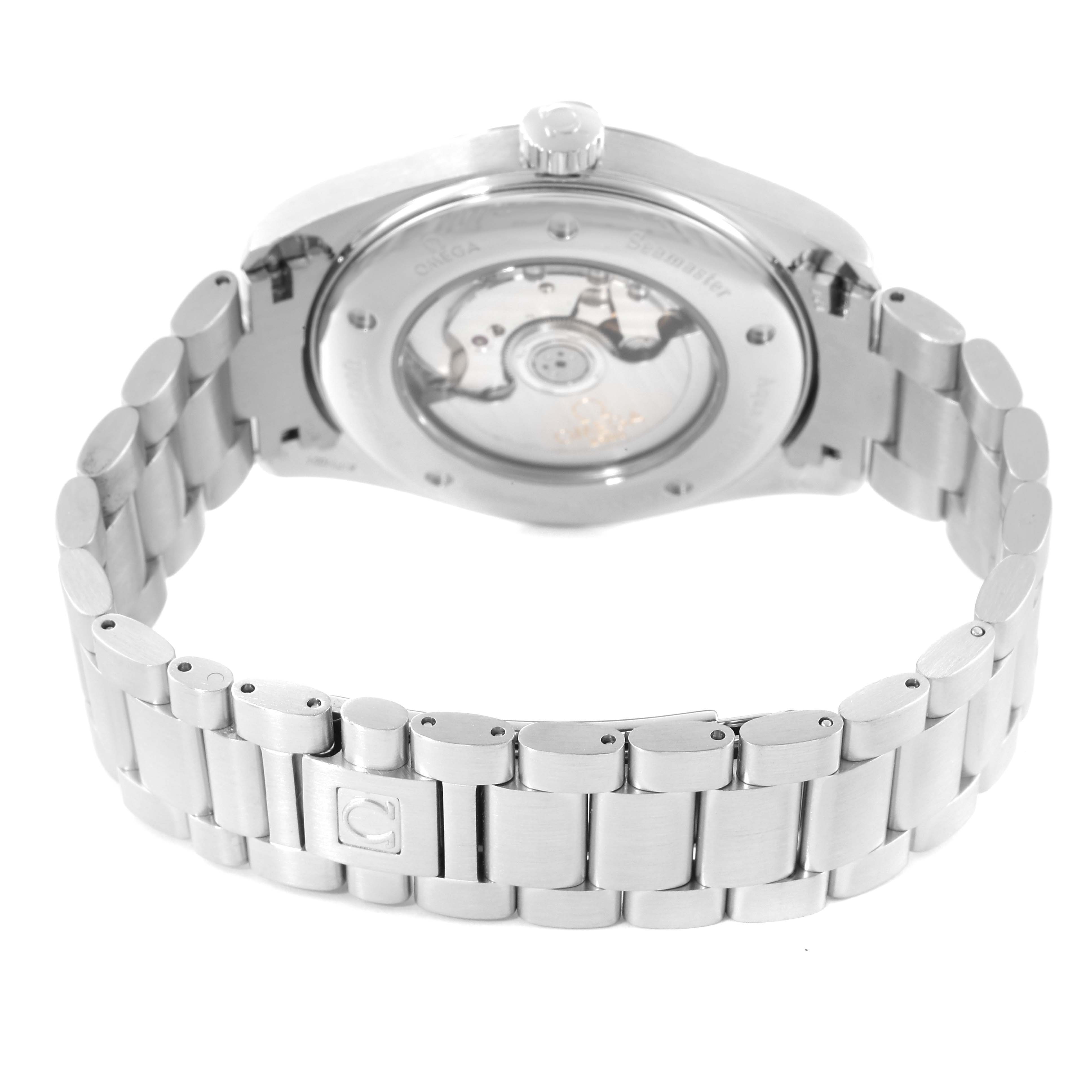 The image shows the back view of the Omega Aqua Terra 2502.33.00 Men's Stainless Steel Silver Dial 2502.33.00 Men's Stainless Steel Silver Dial watch, focusing on the case back and metal bracelet.