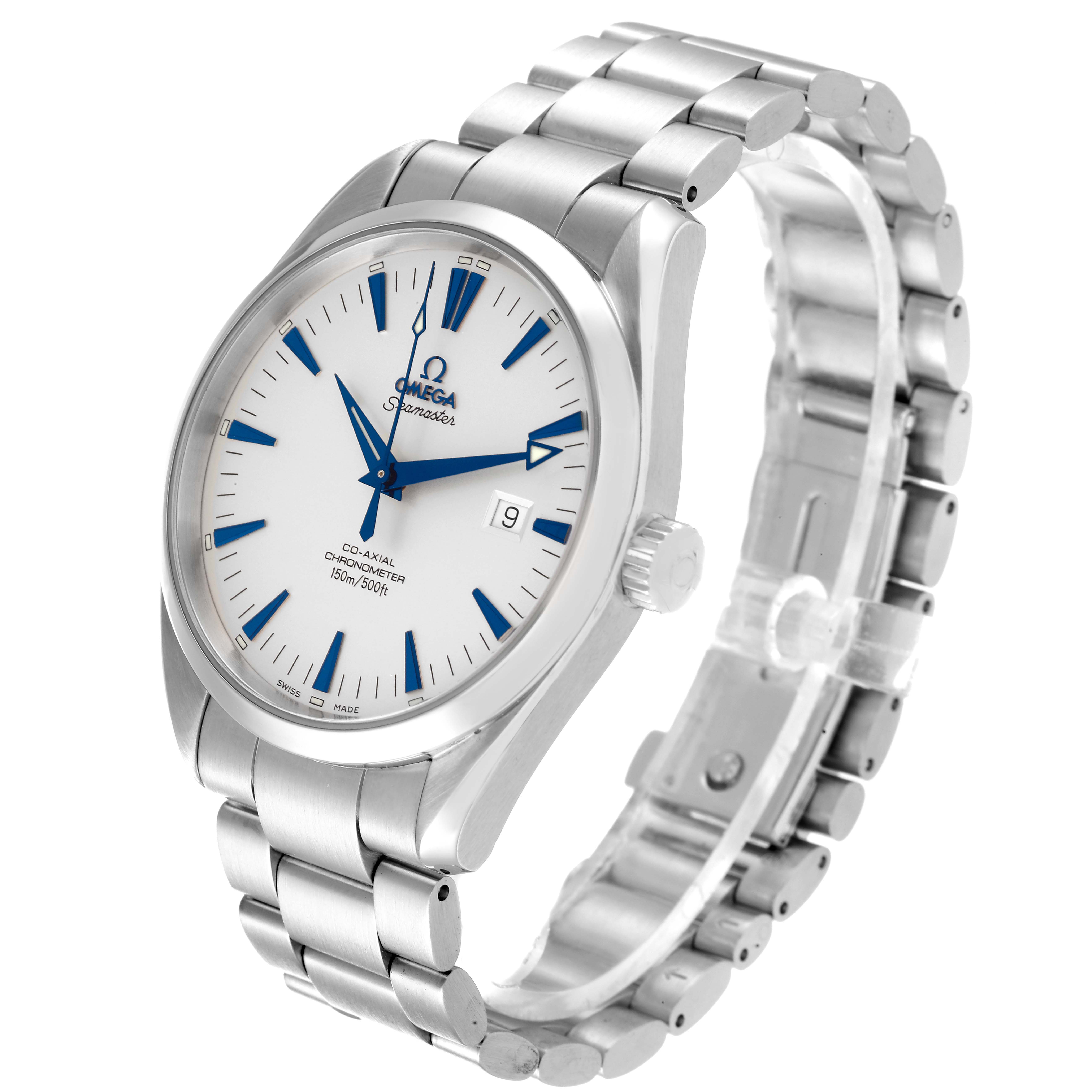 The image shows the Omega Aqua Terra 2502.33.00 Men's Stainless Steel Silver Dial 2502.33.00 Men's Stainless Steel Silver Dial watch angled slightly from the front, displaying its face, case, and metal bracelet.