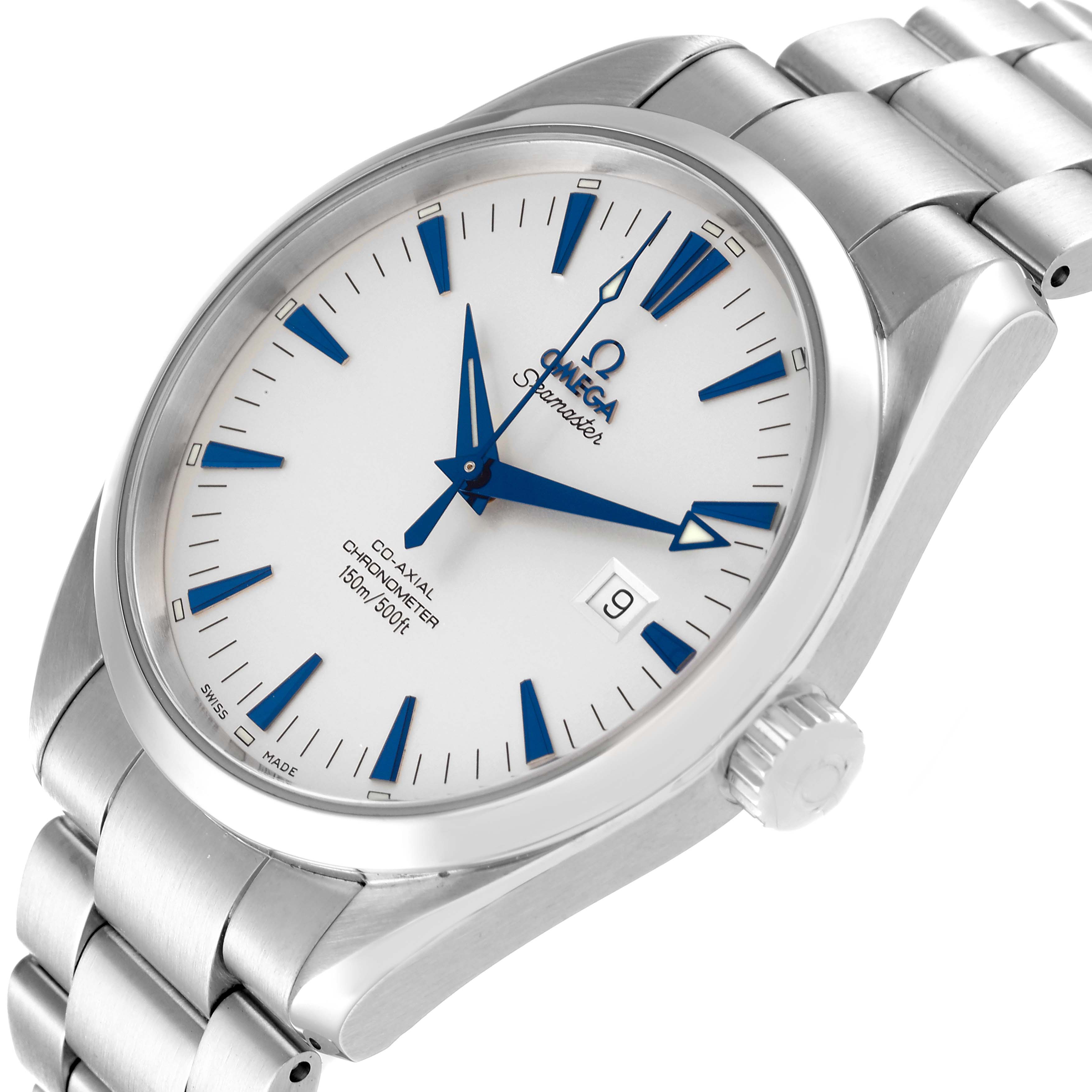 The image shows a front angle of the Aqua Terra model by Omega, highlighting the dial, bezel, crown, and part of the bracelet.