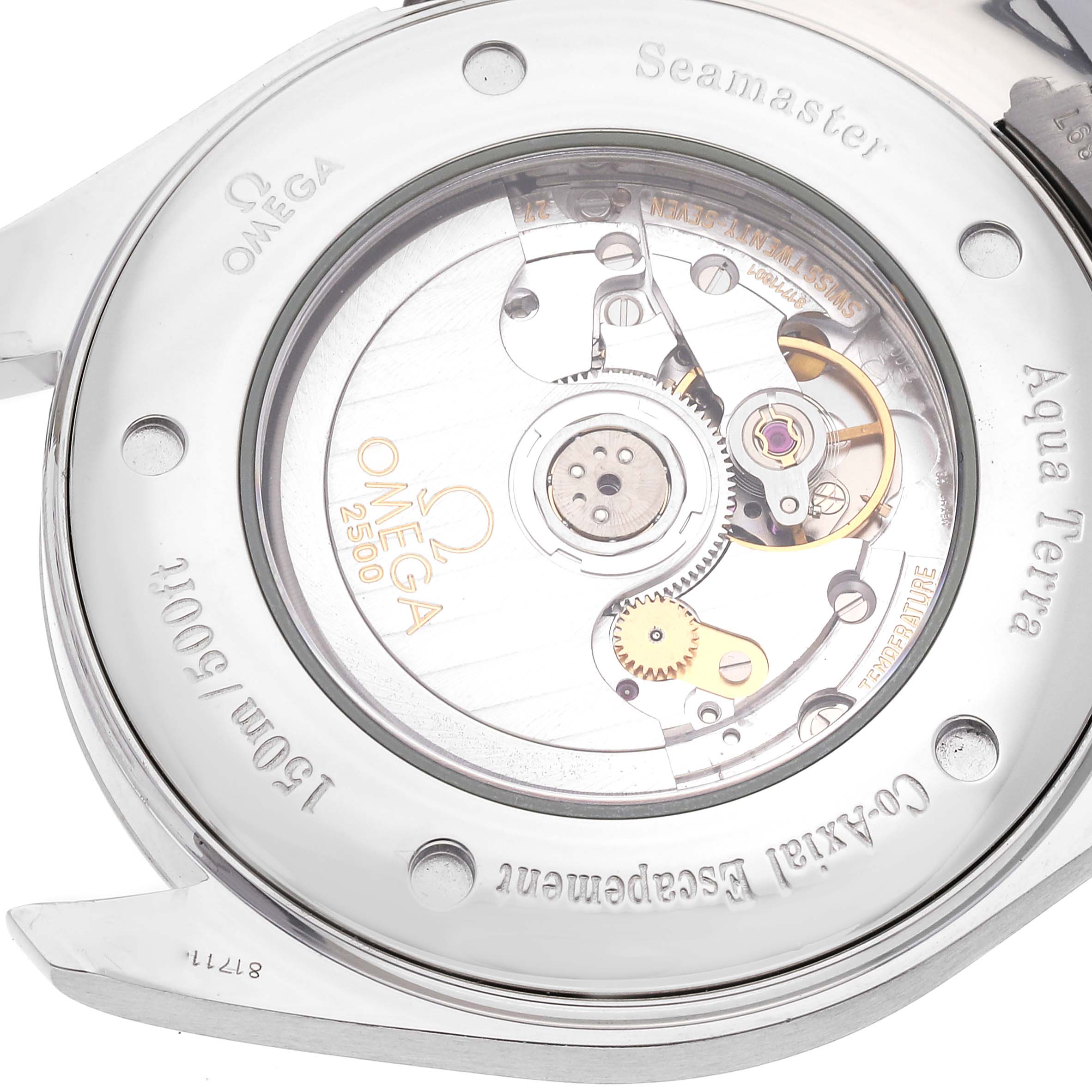 The image shows the back view of the Omega Aqua Terra 2502.33.00 Men's Stainless Steel Silver Dial 2502.33.00 Men's Stainless Steel Silver Dial watch, highlighting its internal movement with visible brand and model engravings.