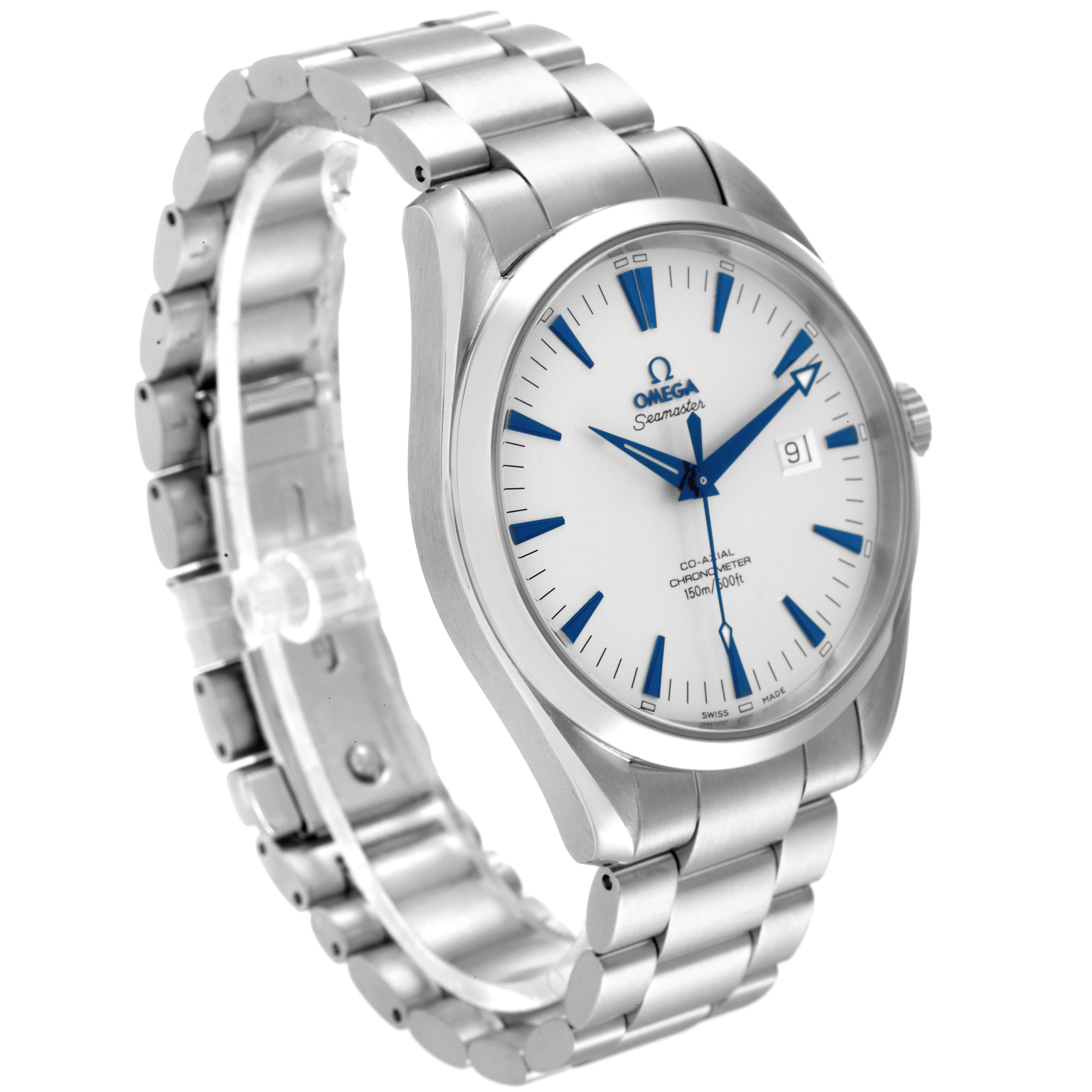 The Omega Aqua Terra 2502.33.00 Men's Stainless Steel Silver Dial 2502.33.00 Men's Stainless Steel Silver Dial watch is shown at a three-quarter angle, displaying the face, bezel, crown, and part of the metal bracelet.