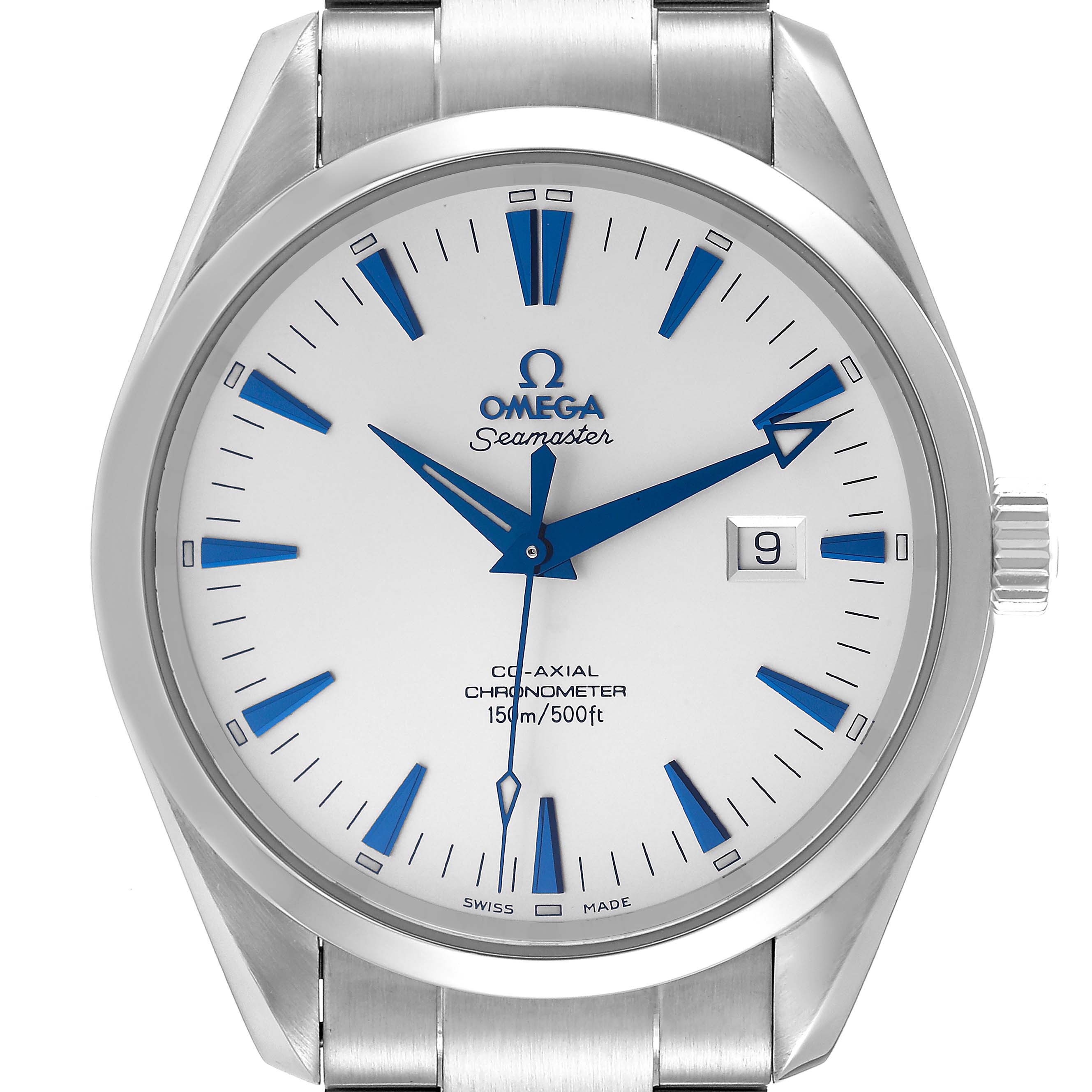 The image shows a close-up, front view of the Omega Aqua Terra 2502.33.00 Men's Stainless Steel Silver Dial 2502.33.00 Men's Stainless Steel Silver Dial model watch, highlighting the dial, hands, and bracelet.