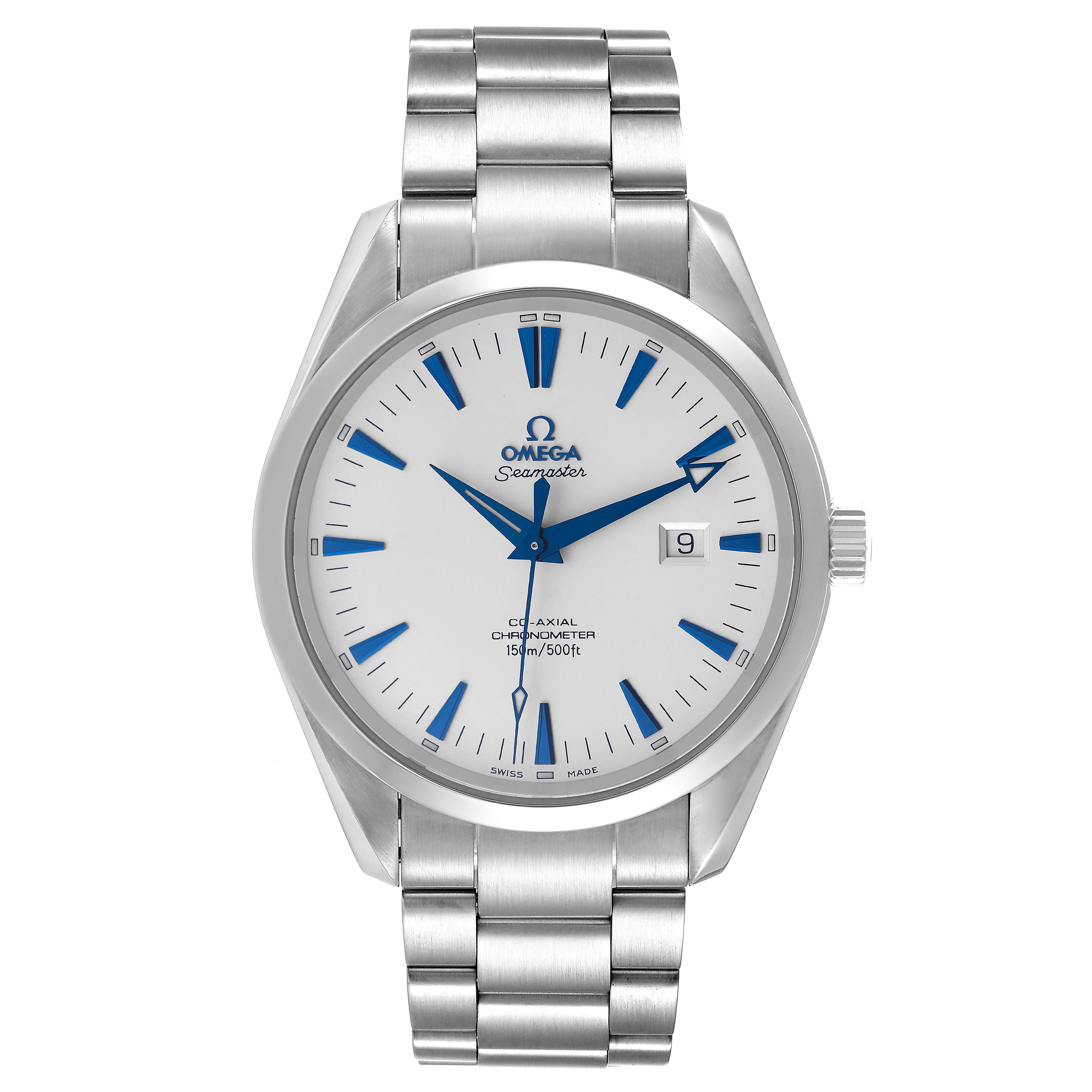 This image shows the Omega Aqua Terra 2502.33.00 Men's Stainless Steel Silver Dial 2502.33.00 Men's Stainless Steel Silver Dial watch from a front angle, highlighting its face, bezel, bracelet, and crown.