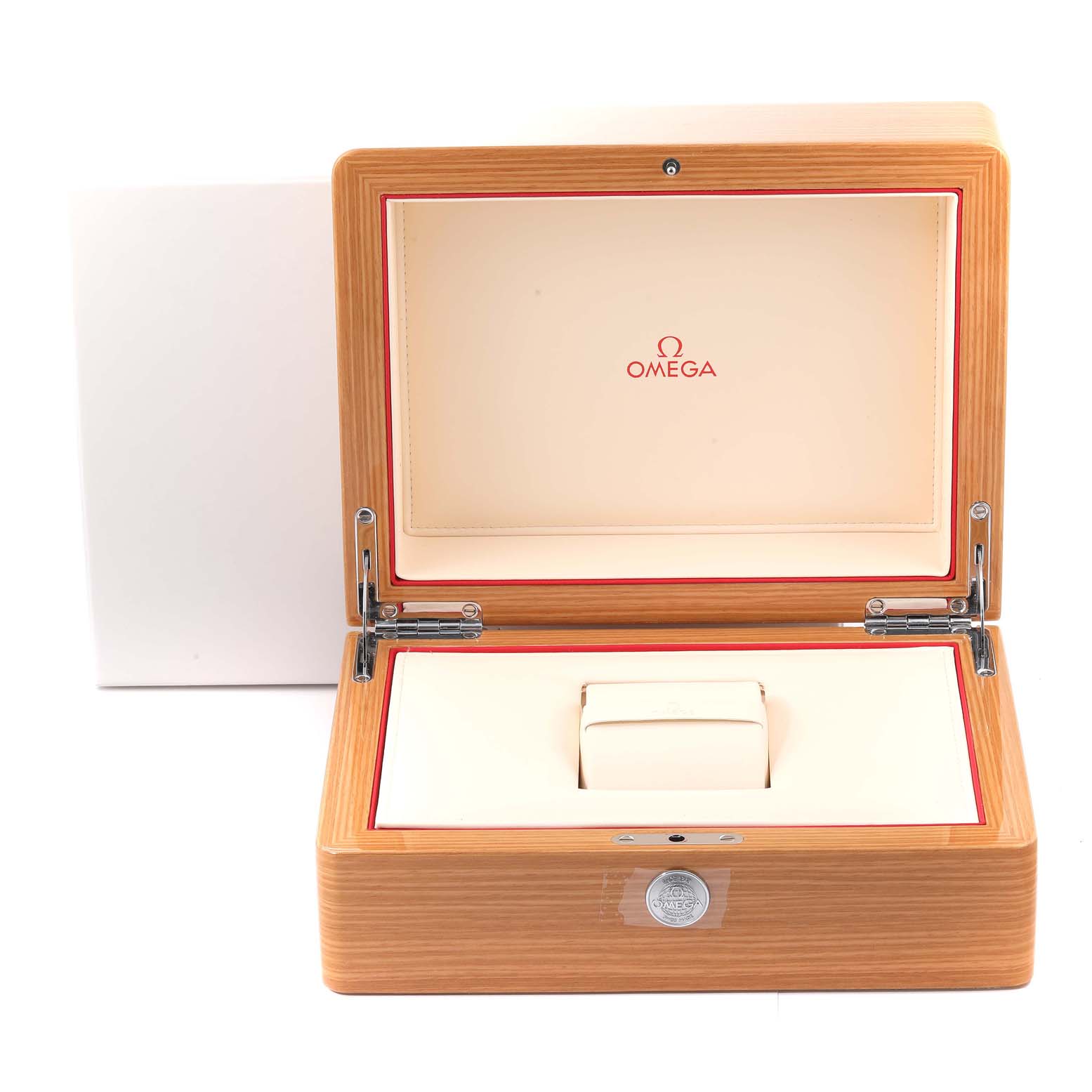 The image shows an open Omega Aqua Terra 522.10.44.50.03.001 Men's Stainless Steel Blue Dial 522.10.44.50.03.001 Men's Stainless Steel Blue Dial watch box, displaying the interior compartment and cushion.