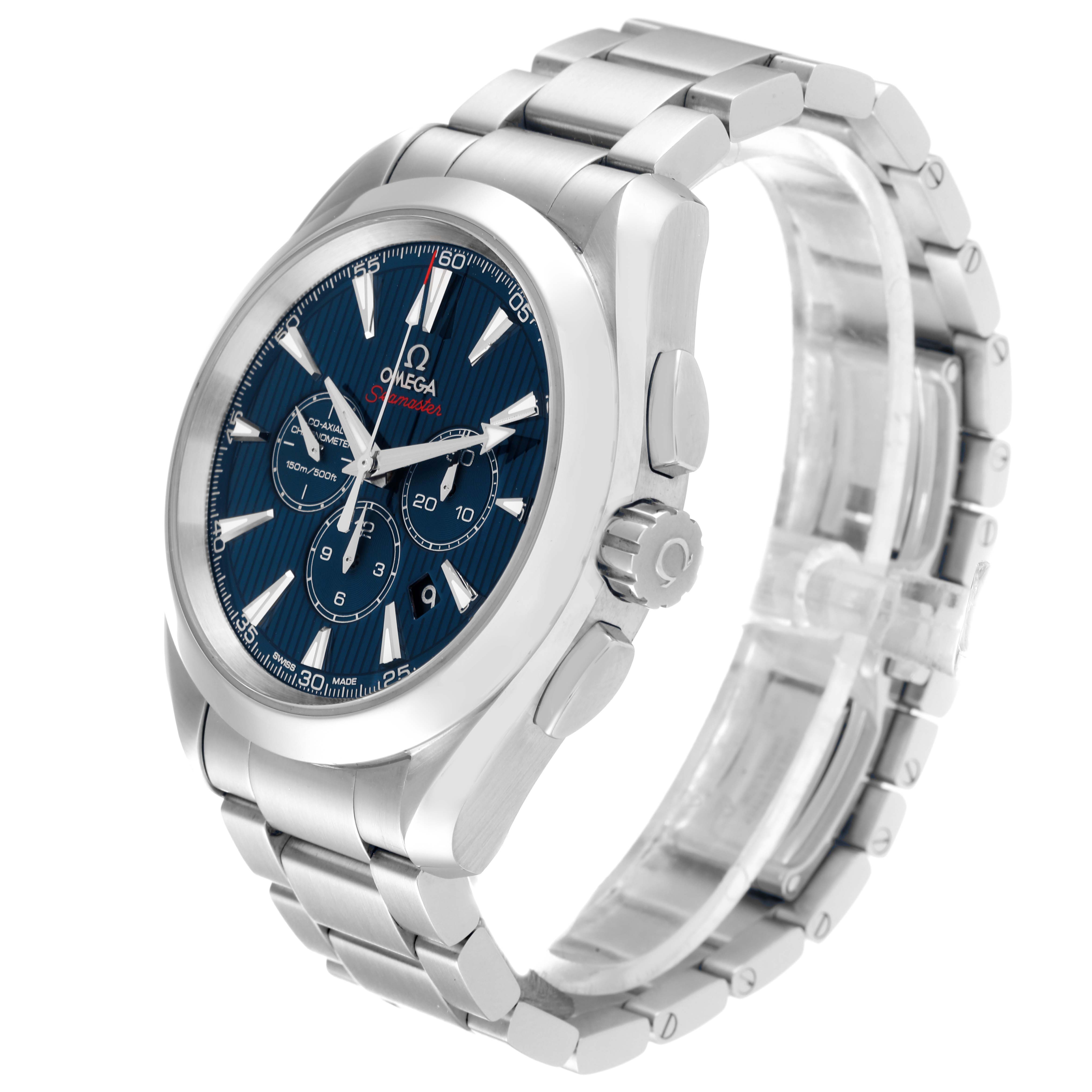 The Omega Aqua Terra 522.10.44.50.03.001 Men's Stainless Steel Blue Dial 522.10.44.50.03.001 Men's Stainless Steel Blue Dial watch is shown at a three-quarter angle, displaying its dial, bezel, crown, and bracelet.