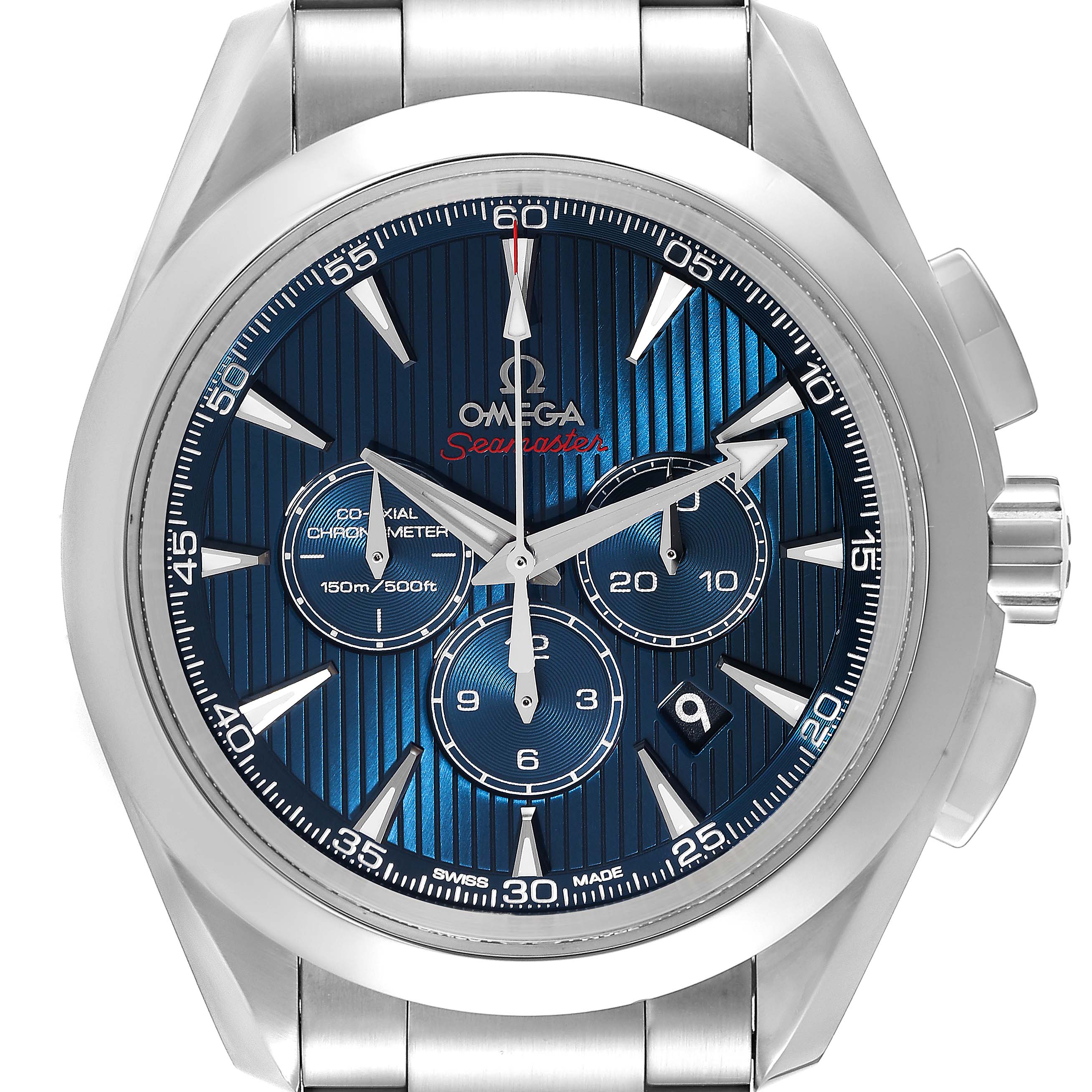 This image shows a front view of the Omega Aqua Terra 522.10.44.50.03.001 Men's Stainless Steel Blue Dial 522.10.44.50.03.001 Men's Stainless Steel Blue Dial watch, highlighting its blue dial and silver case.