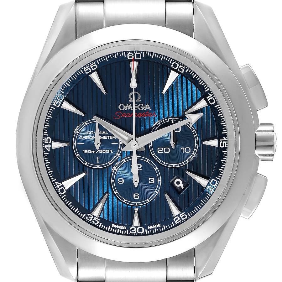 This image shows a front view of the Omega Aqua Terra watch, highlighting its blue dial and silver case.