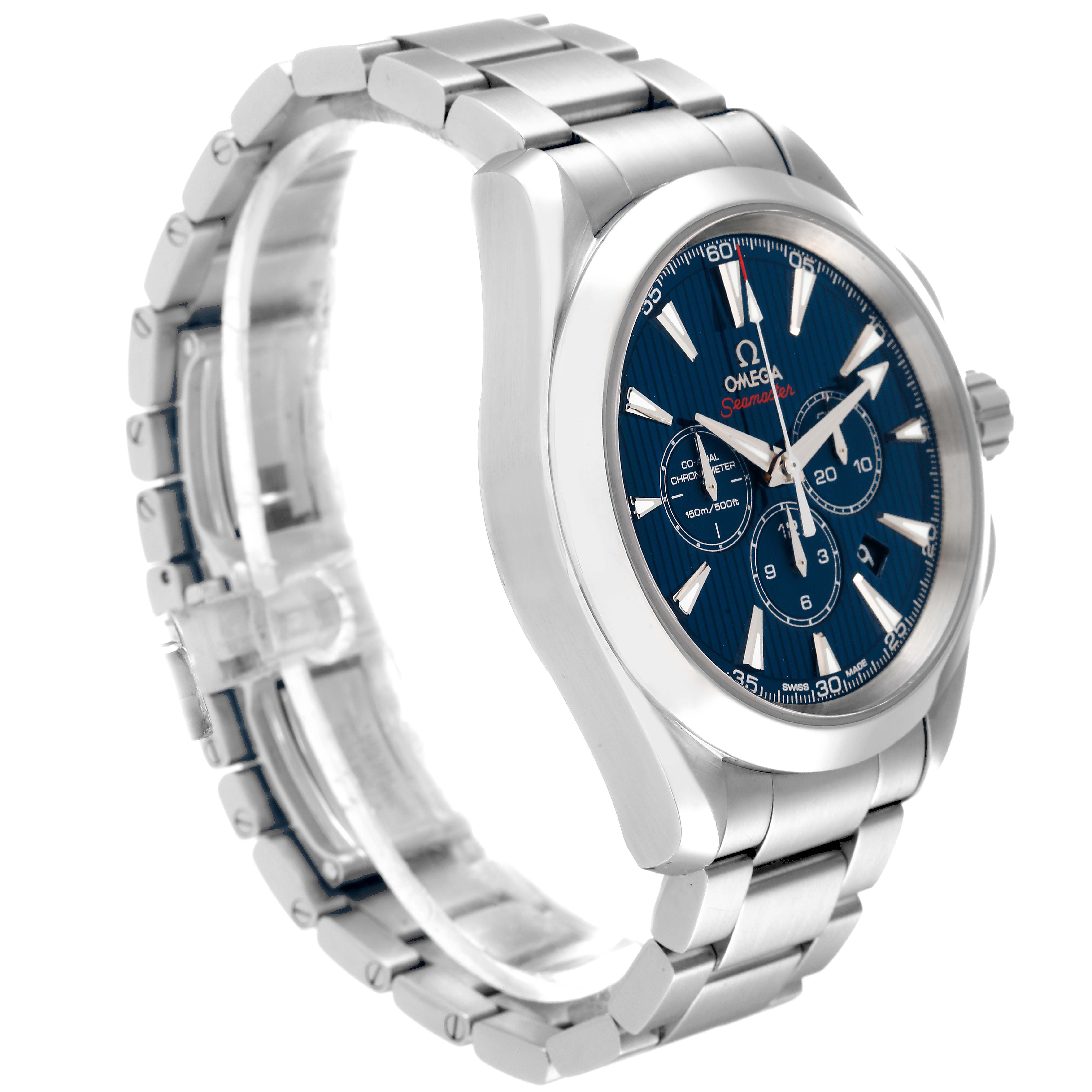 The Omega Aqua Terra 522.10.44.50.03.001 Men's Stainless Steel Blue Dial 522.10.44.50.03.001 Men's Stainless Steel Blue Dial watch is shown at an angled side view, displaying its blue dial, stainless steel bracelet, and clasp.