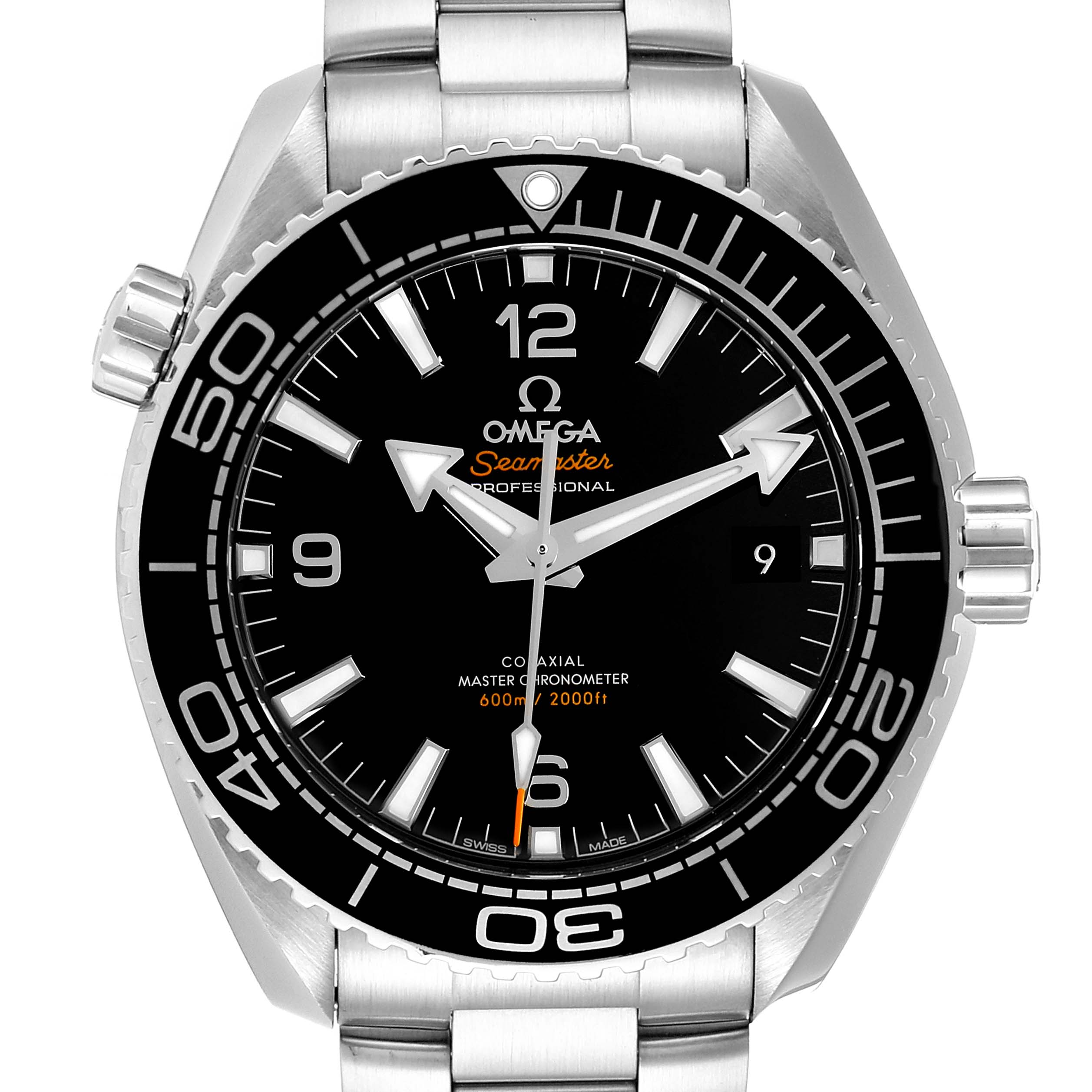The image shows a front view of the Omega Seamaster Planet Ocean watch, highlighting its black dial, bezel, and stainless steel bracelet.